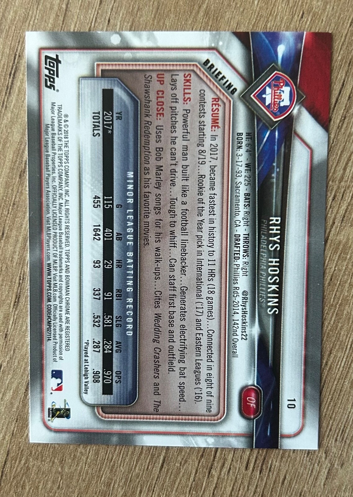 2018 Bowman Paper #10 Rhys Hoskins Rookie Card Philadelphia Phillies