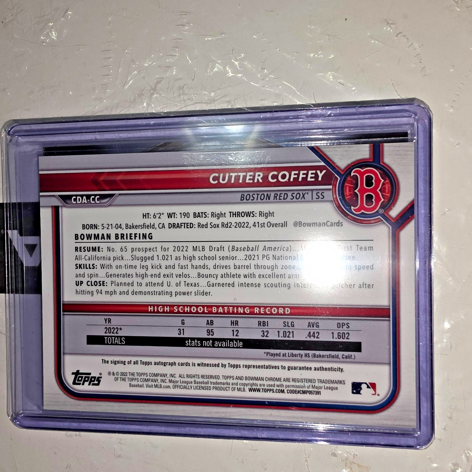 2022 1ST BOWMAN DRAFT CHROME B/W RAYWAVE #CDA-CC CUTTER COFFEY RC AUTO
