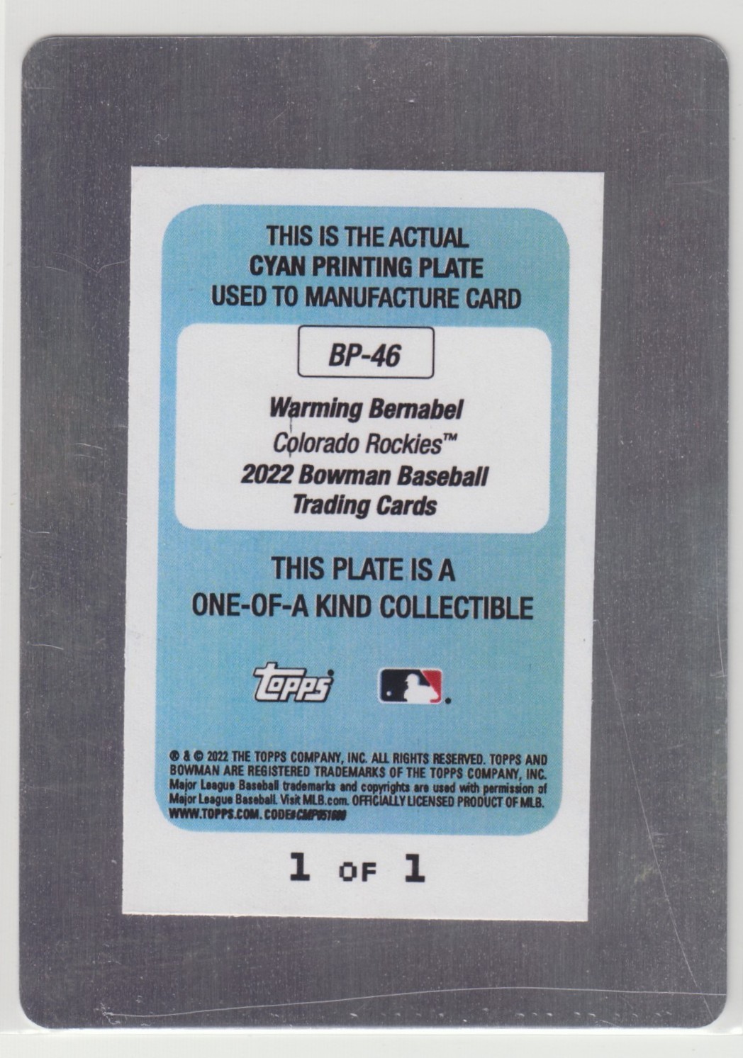 2022 Bowman Baseball Warming Bernabel 1st Bowman Cyan Printing Plate 1/1 #BP-46