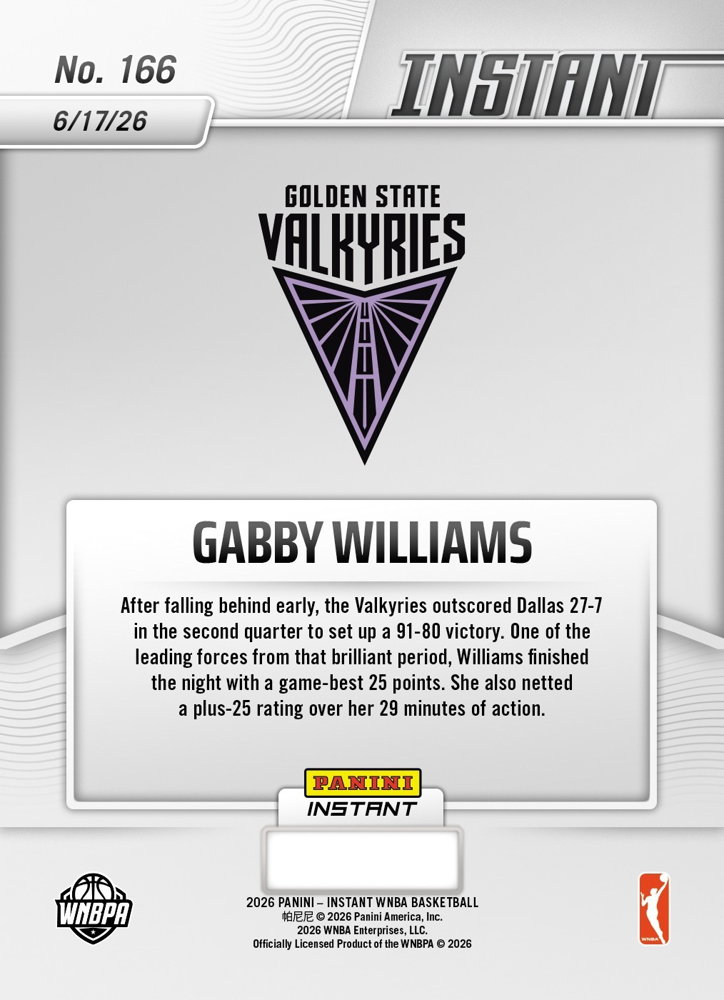 2026 Panini Instant WNBA #166 Gabby Williams Golden State Valkyries PRESALE