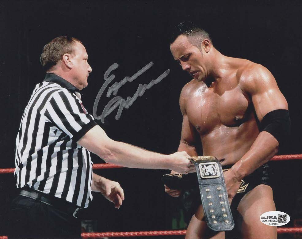 Earl Hebner autographed signed 8×10 photo JSA WWE WWF Dwayne Johnson The Rock