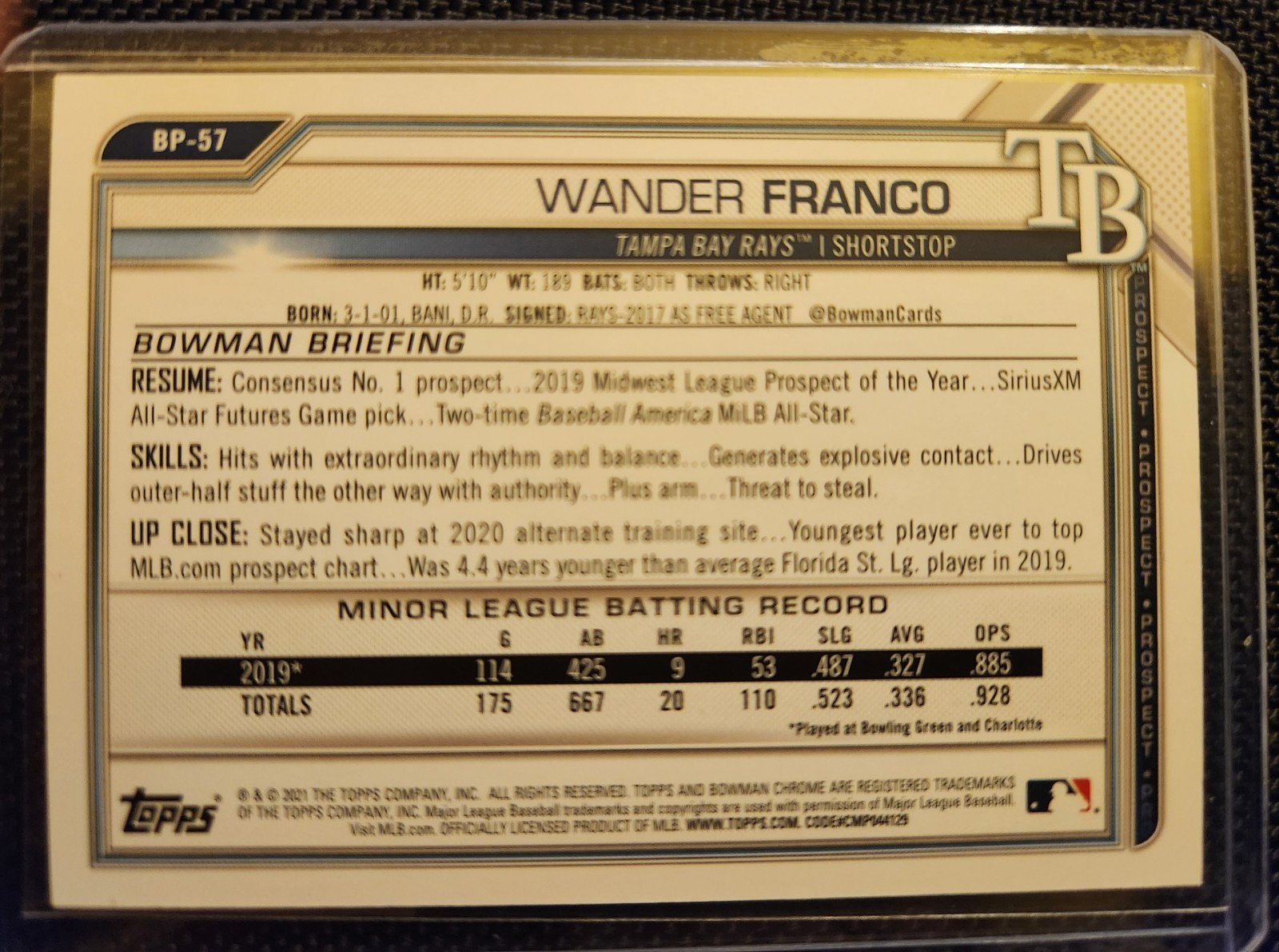 Topps 2021 Bowman Wander Franco #BP-57 Yellow Border /75 Rookie Tampa Bay Rays