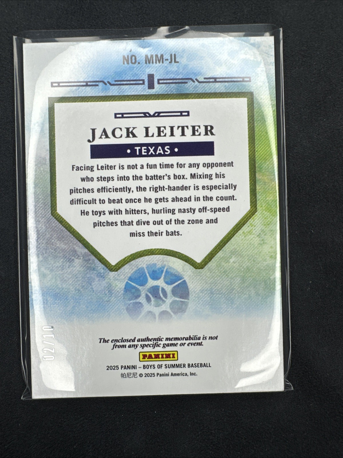 2/10 JACK LEITER HOLO SILVER MASSIVE MATERIALS 2025 Boys Of Summer #MM-JL TEXAS