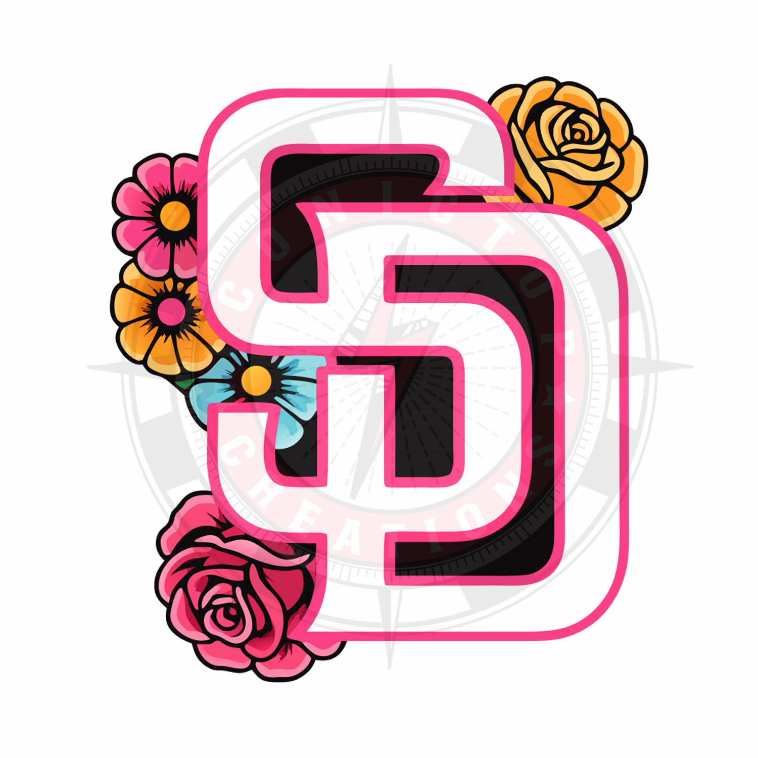 SD Logo with Dia De Los Muertos Flowers Theme Design Decal Sticker