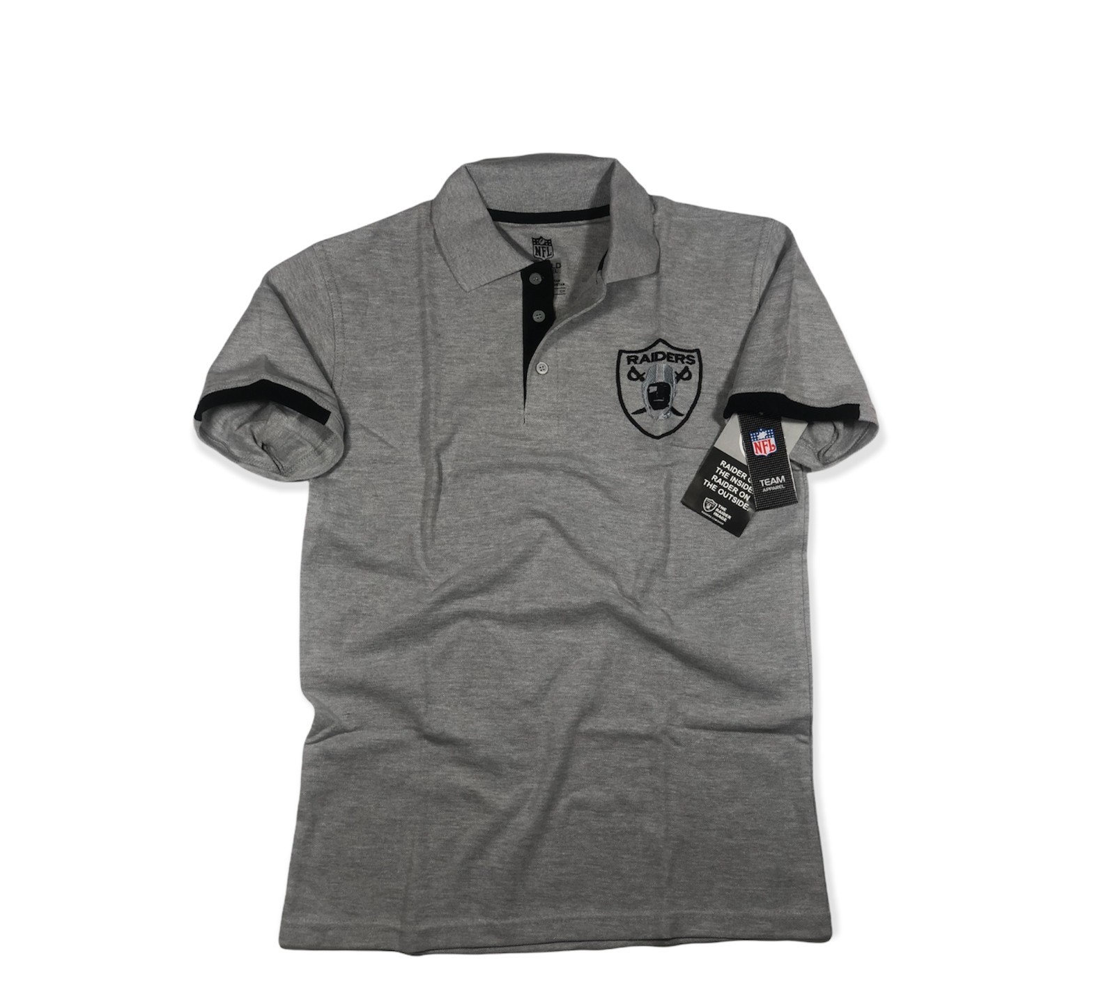 Raiders Button Polo Shirt Black Play Dry Embroidered Las Vegas NFL Gray