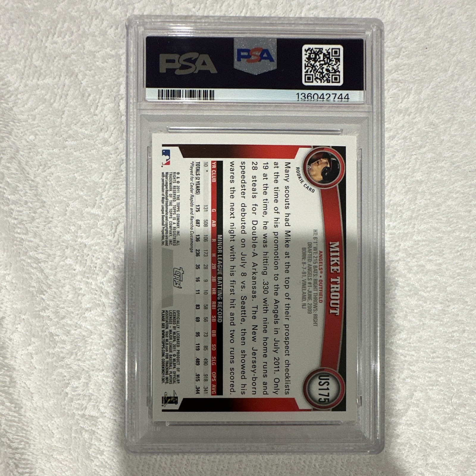 Topps 2011 Update Series Mike Trout US175 Rookie Base PSA 10 Baseball Card
