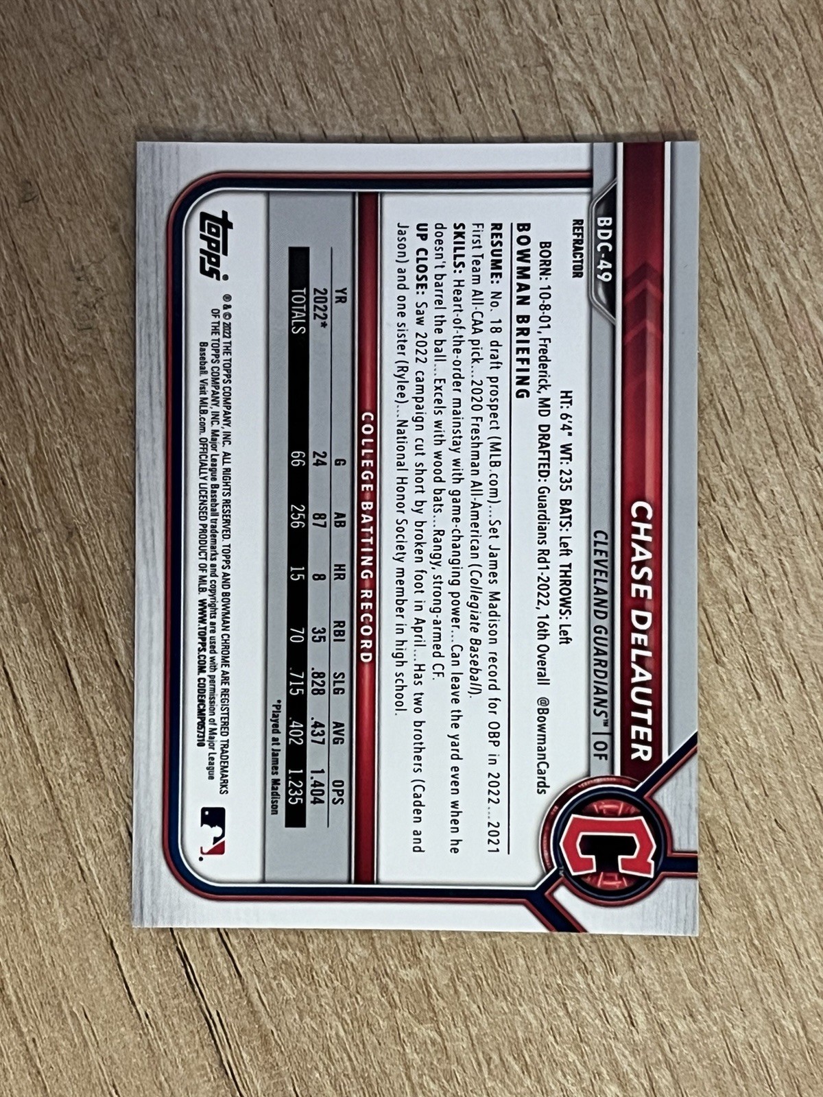 2022 Bowman Draft Chrome Chase Delauter Refractor #BDC-49 Guardians RC QTY