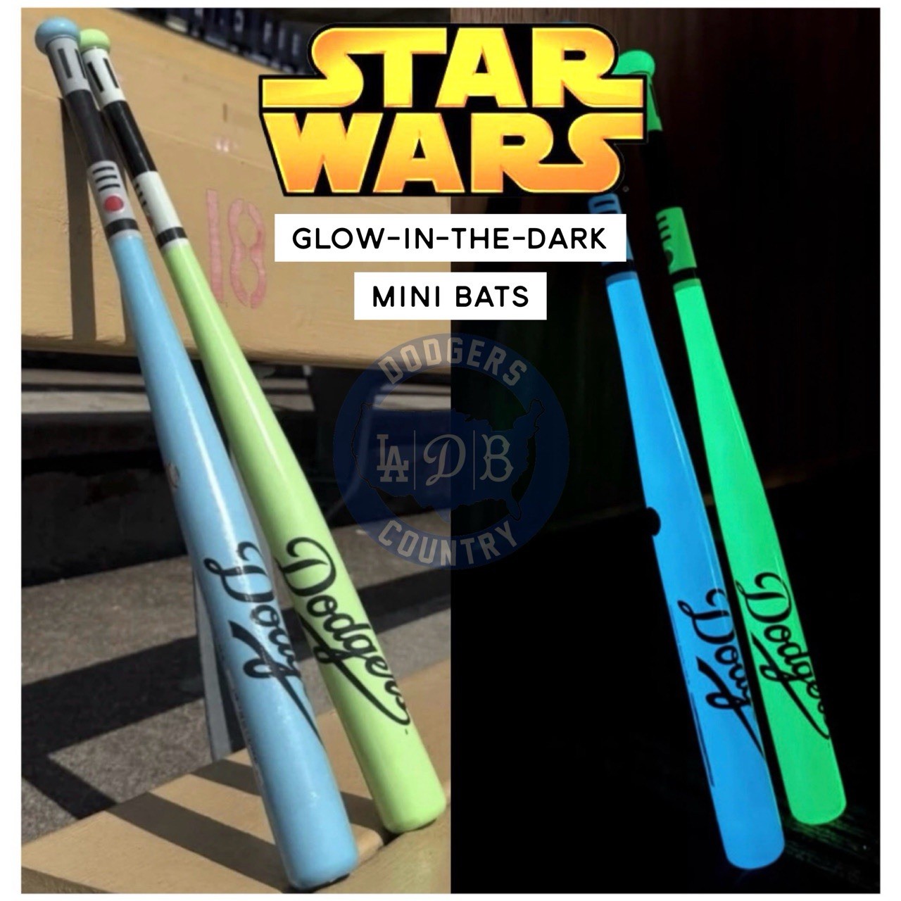 LA Los Angeles Dodgers Star War Night 18” Mini Bat Glow In The Dark Blue & Green