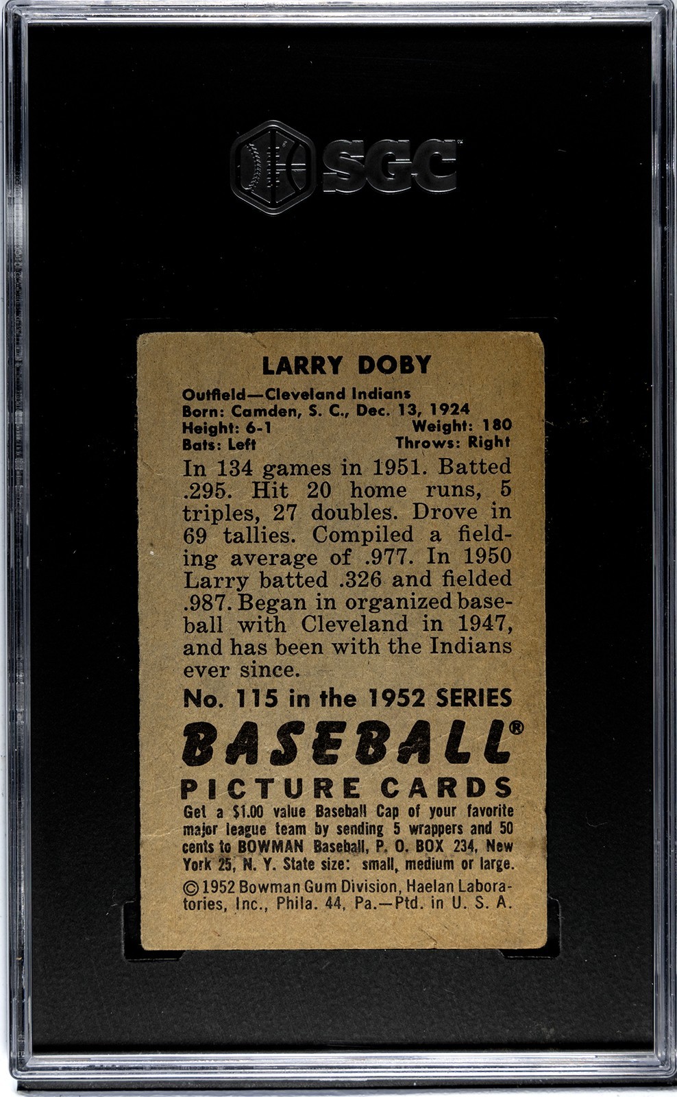 1952 Bowman LARRY DOBY Cleveland Indians #115 SGC 1.5 Fair Condition