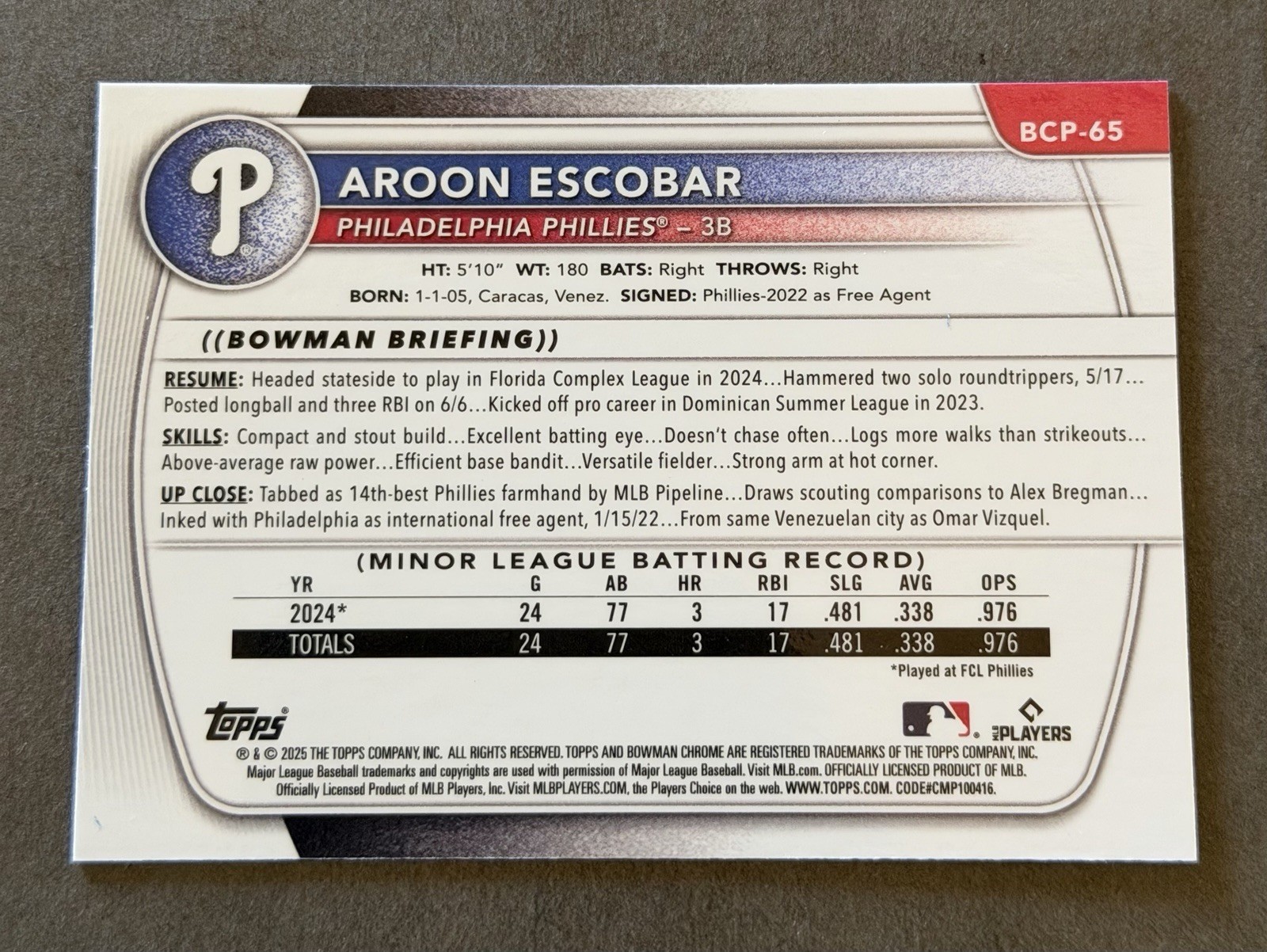 2025 Bowman Sapphire Aroon Escobar Chrome 1st Prospect #BCP-65 Phillies