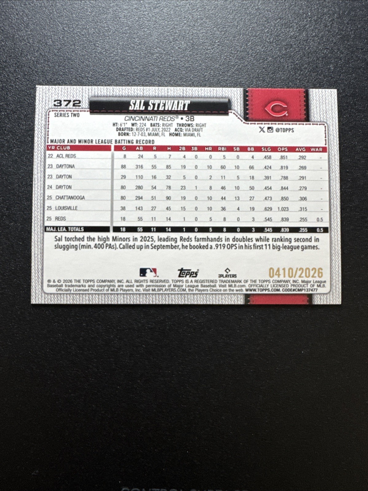 2026 Topps Series 2 Sal Stewart #372 Gold RC /2026 REDS