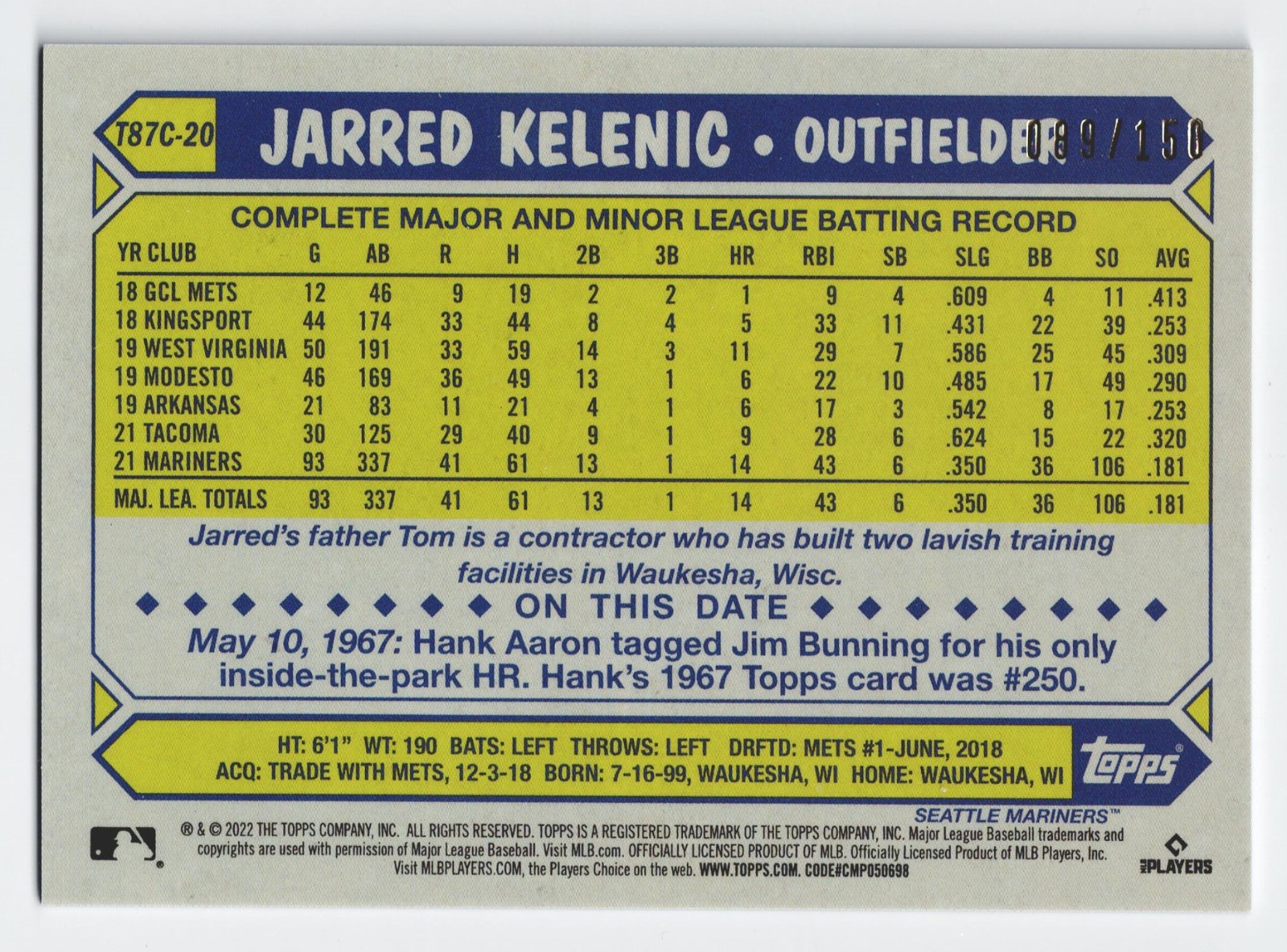 2022 Topps Chrome Silver Pack Jarred Kelenic Blue Mojo Refractor /150 #T87C-20