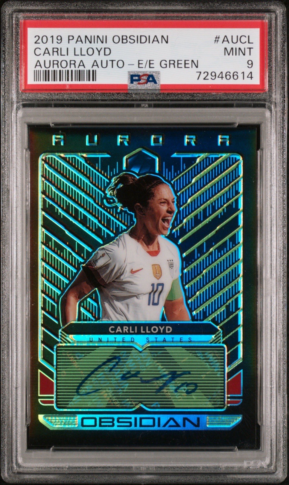 2019 PANINI OBSIDIAN AURORA #AUCL CARLI LLOYD AURORA AUTO-E/E GREEN /25 PSA 9!