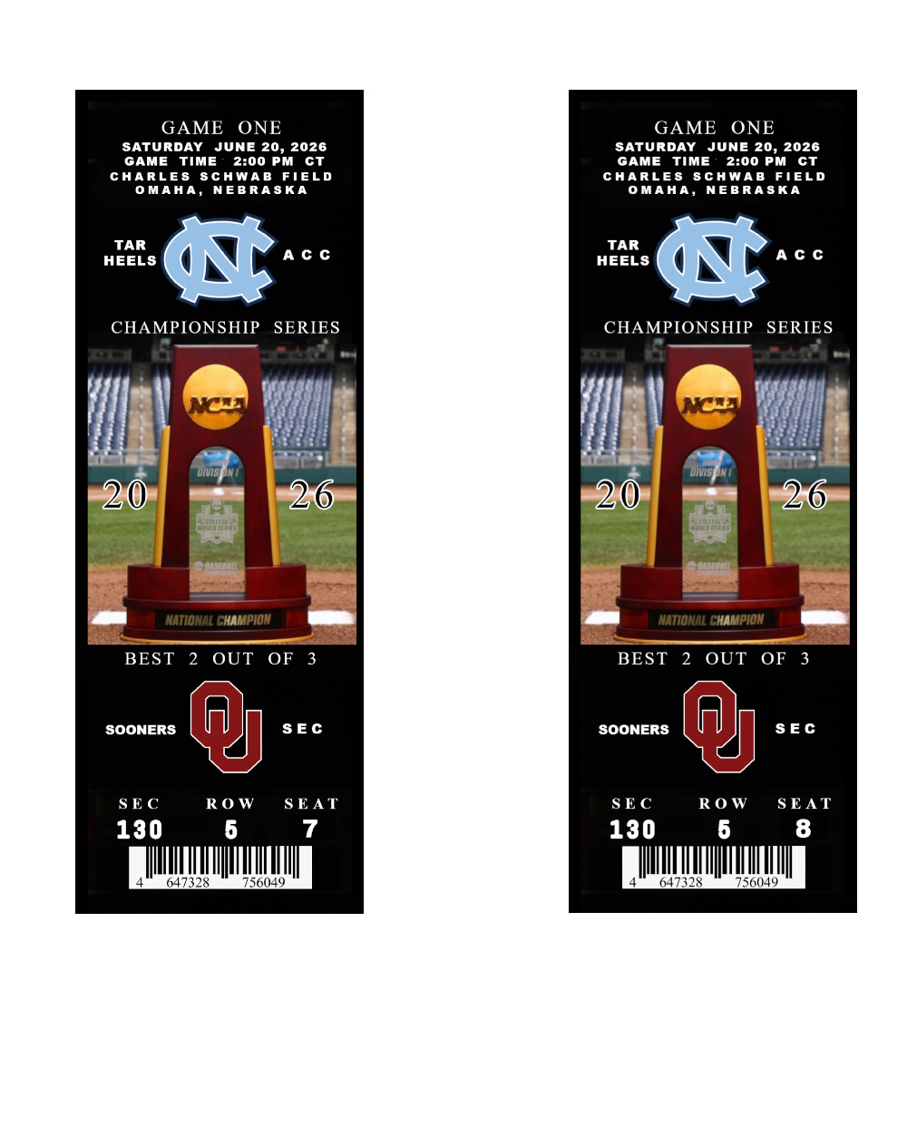 UNC CWS 2026 COLLEGE WORLD SERIES GAME 1 CHAMPIONSHIP SERIES 2 COMMEMO TIX