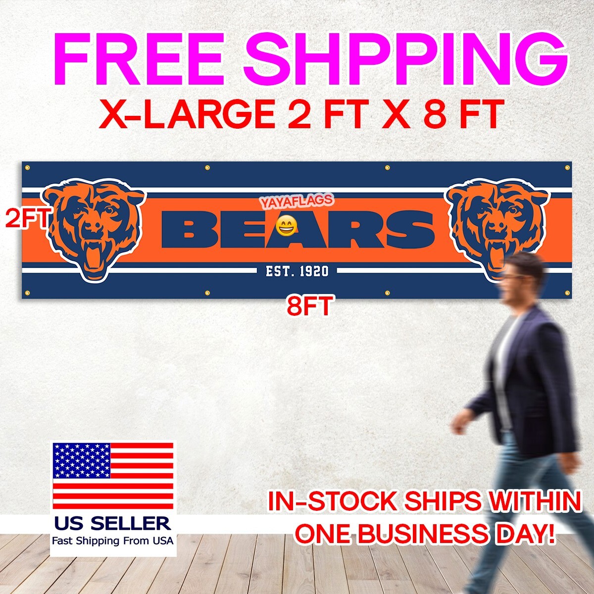 Chicago Bears Flag 2×8 FT Banner NFL Da Bears C FAST FREE Shipping US SELLER