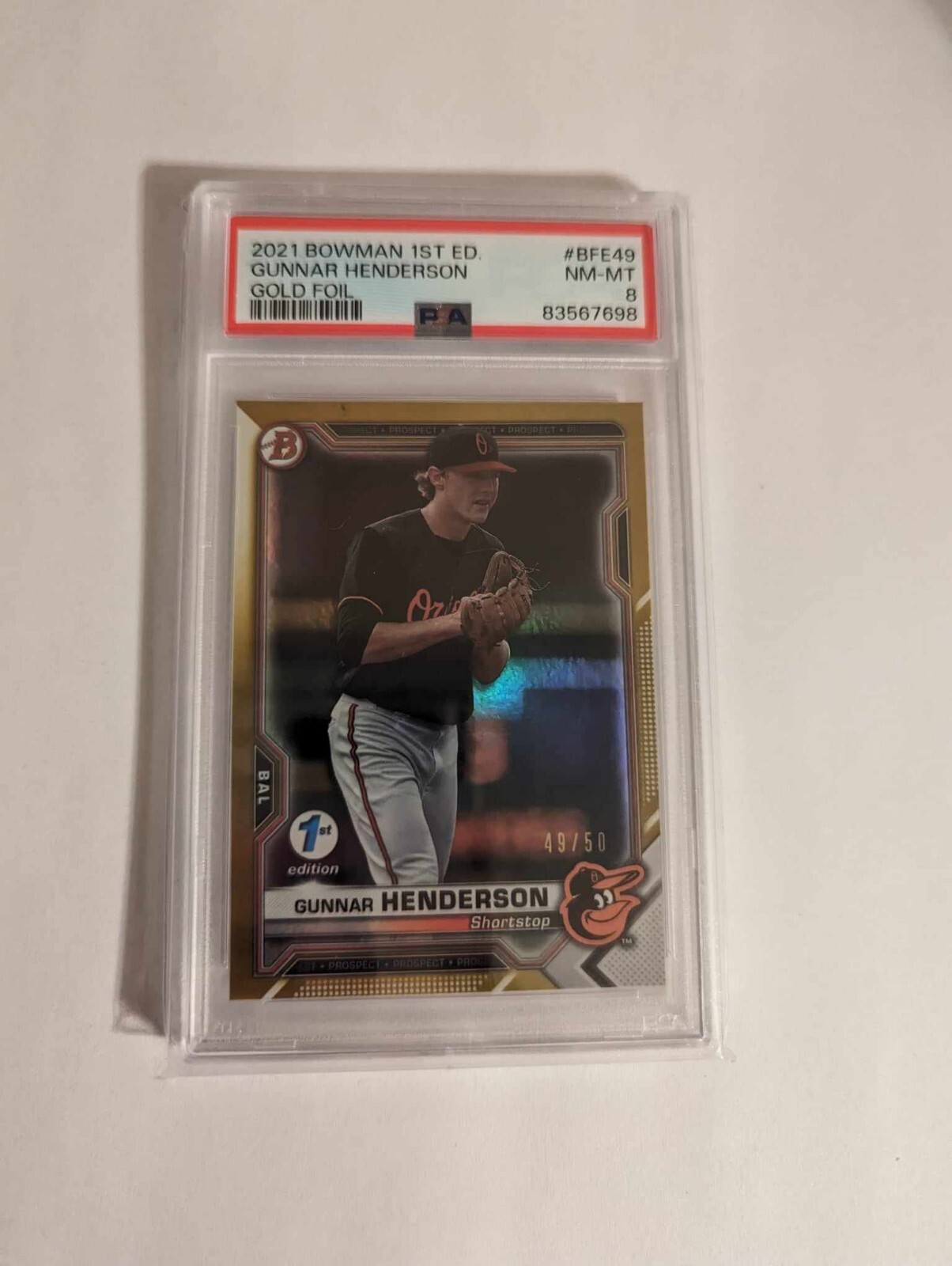 2021 Bowman 1st Edition GUNNAR HENDERSON 49/50 Gold Foil PSA 8 NEAR MINT BFE-49