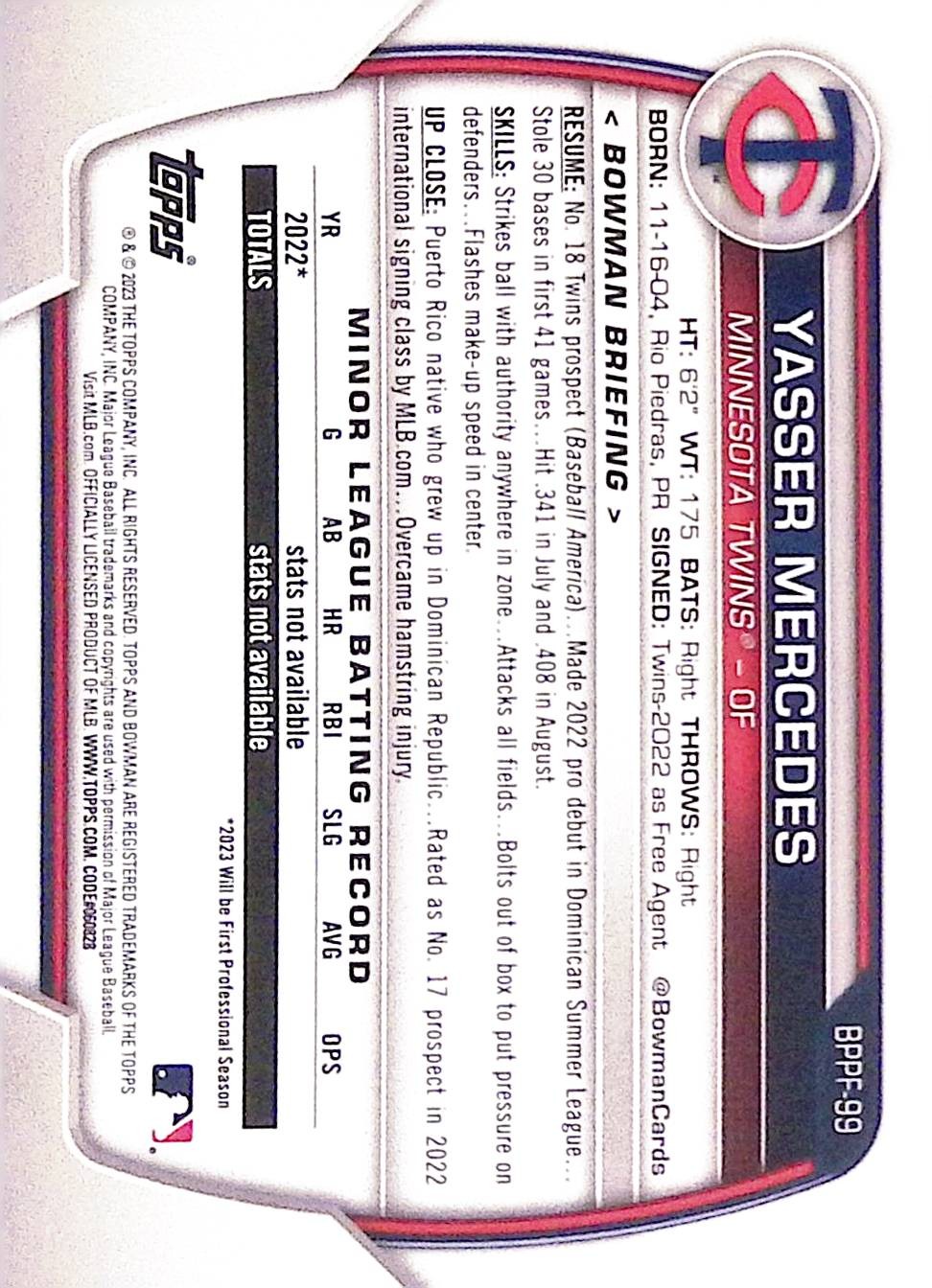 2023 Bowman 1st Edition #BPPF-99 Yasser Mercedes