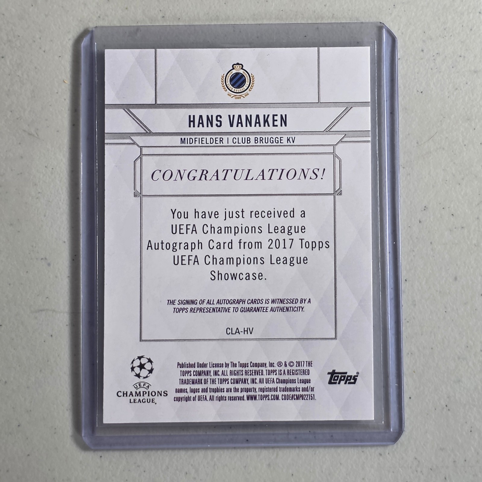 Hans Vanaken Autograph • 2016‑17 Topps UEFA Showcase • Club Brugge KV • Champion