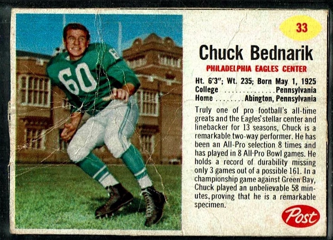 1962 POST CEREAL FOOTBALL PHILADELPHIA EAGLES CHUCK BEDNARIK HOF CARD #33 FILLER