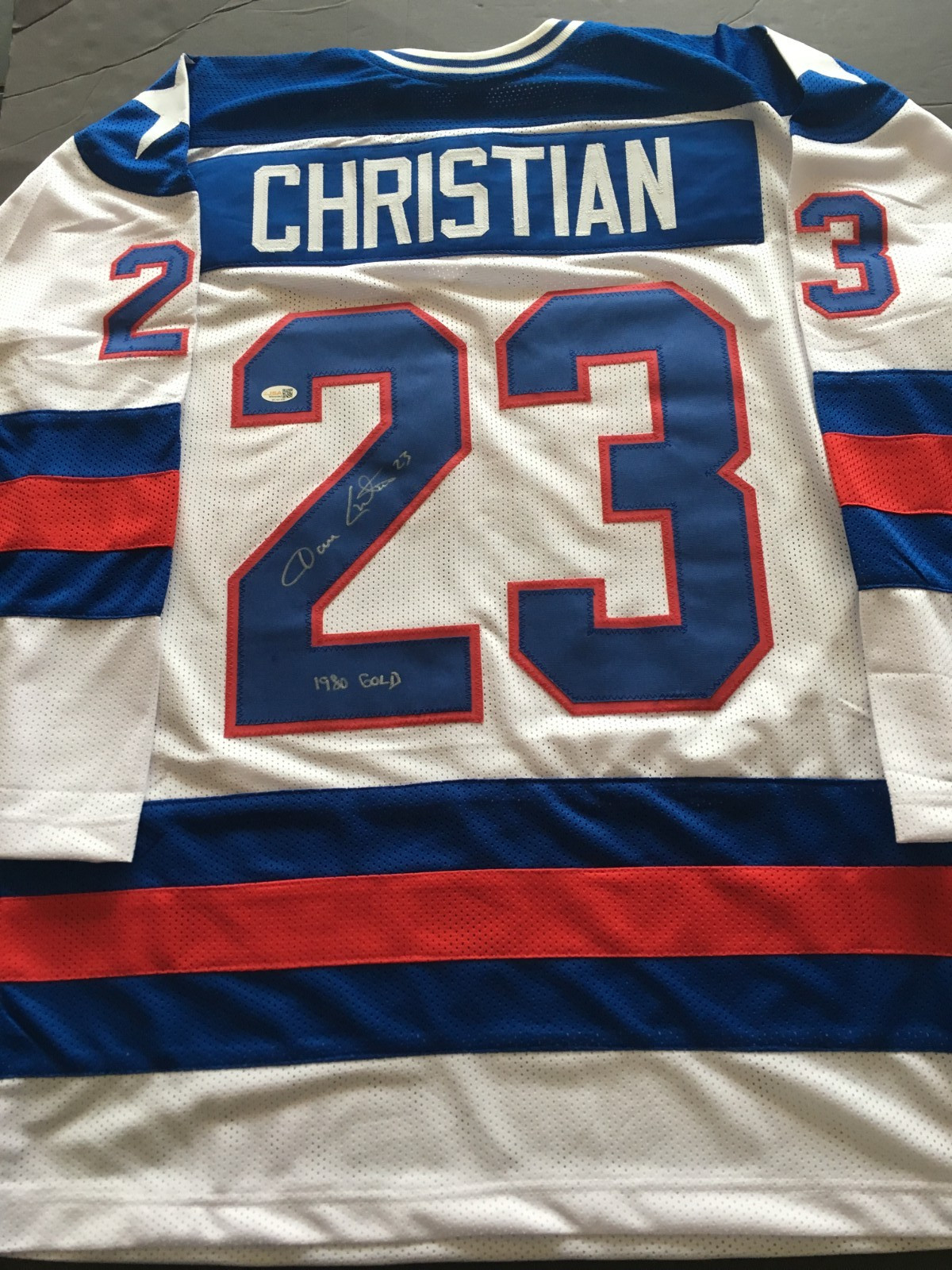 DAVE CHRISTIAN AUTOGRAPHED 1980 OLYMPIC JERSEY J.S.A. AUTHENTICATED