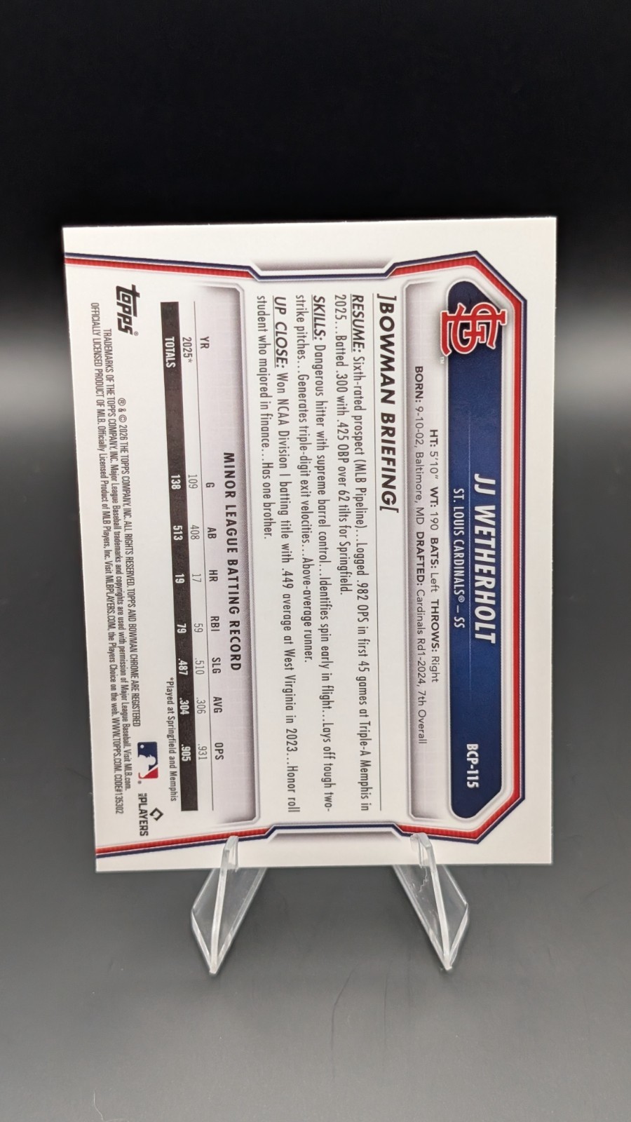 2026 Bowman Chrome Sapphire JJ Wetherholt St. Louis Cardinals – Base