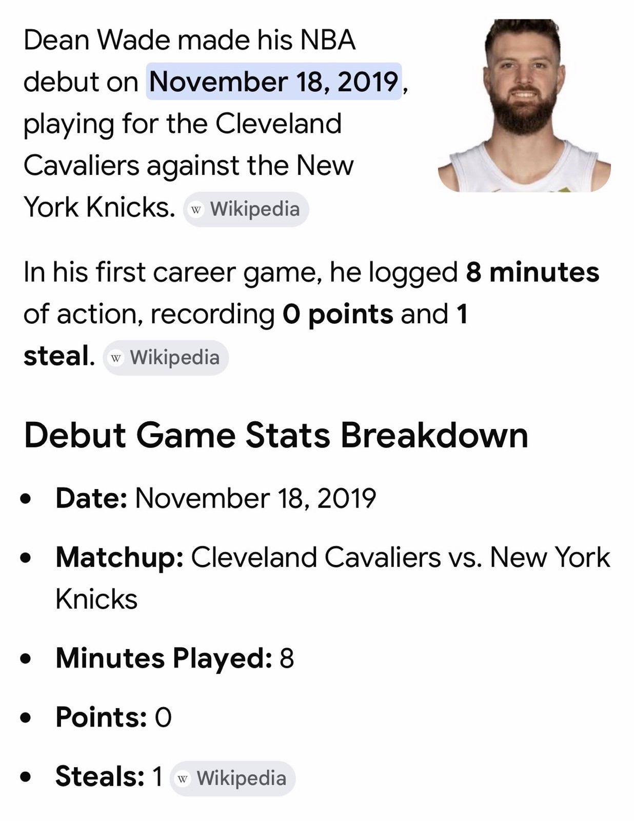 Dean Wade NBA Debut Ticket: Knicks vs. Cleveland Cavaliers – November 18, 2019