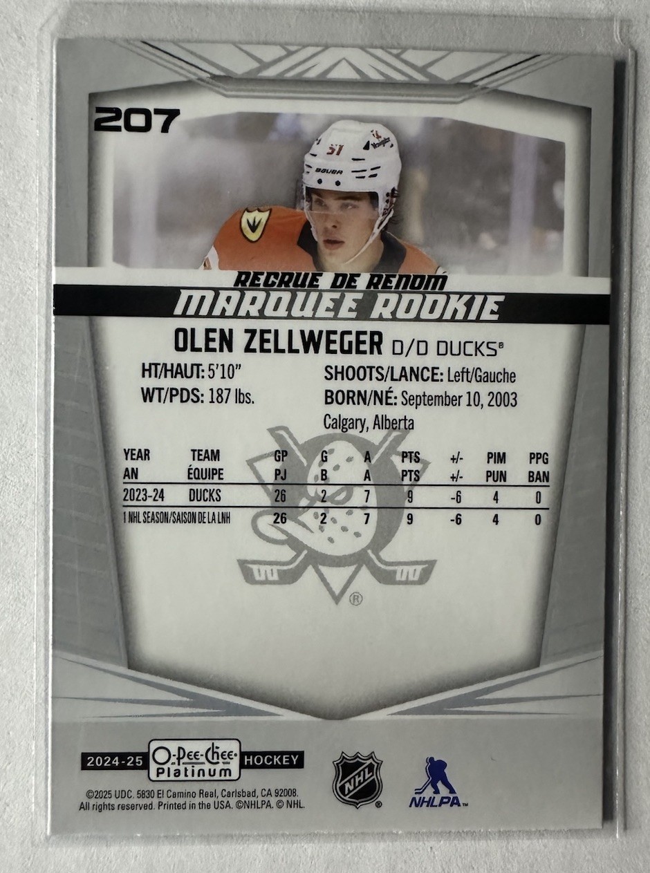 2024-25 O-Pee-Chee OPC Platinum Olen Zellweger RC #207