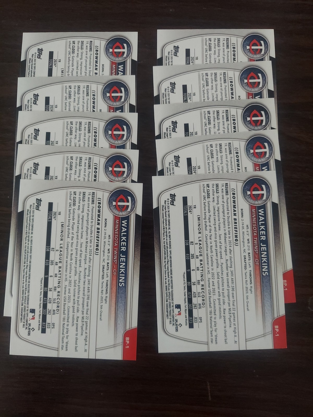 Walker Jenkins Rookie Lot 10 Cards 2025 Bowman Prospects BP-1 Minnesota Twins