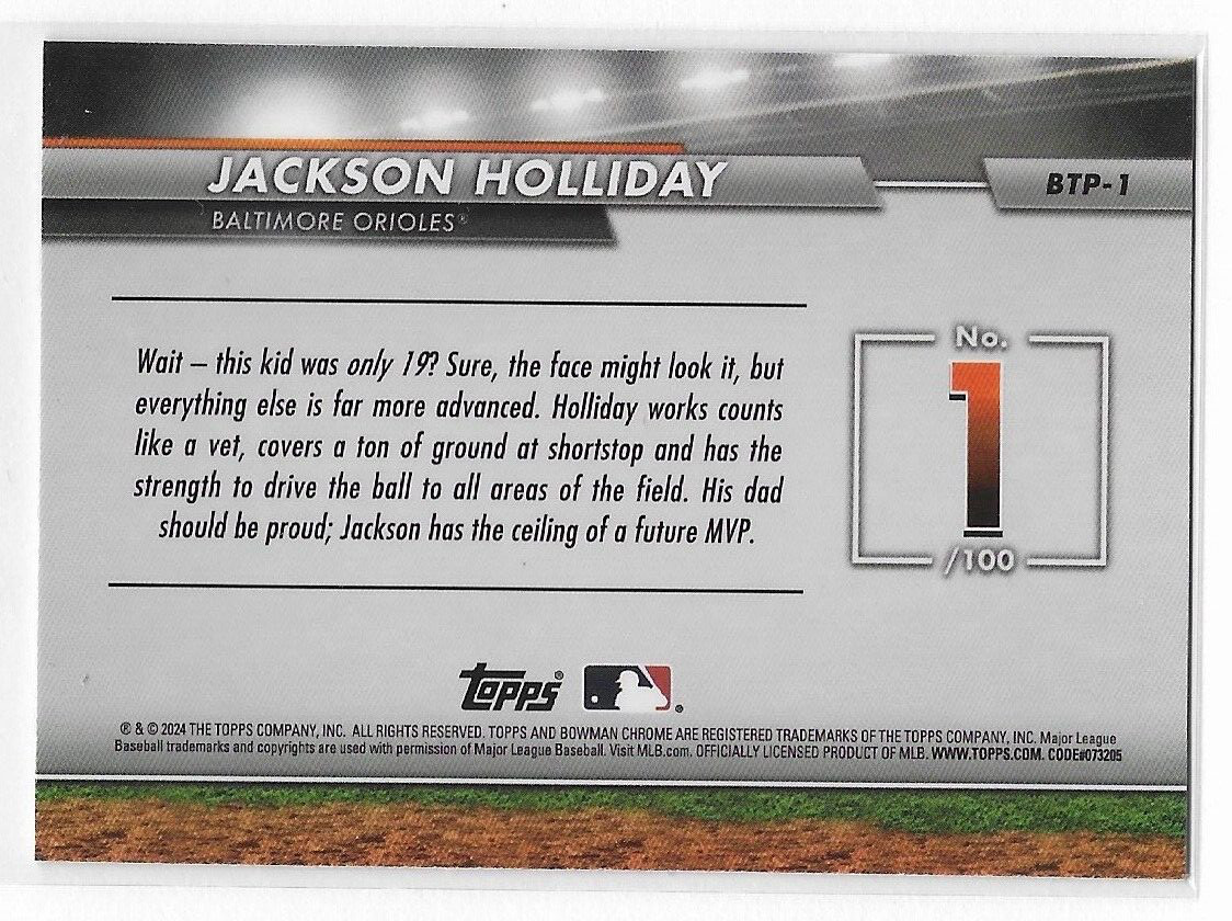 2024 Bowman JACKSON HOLLIDAY Scouts’ Top 100 #1 Baltimore Orioles RC #BTP-1
