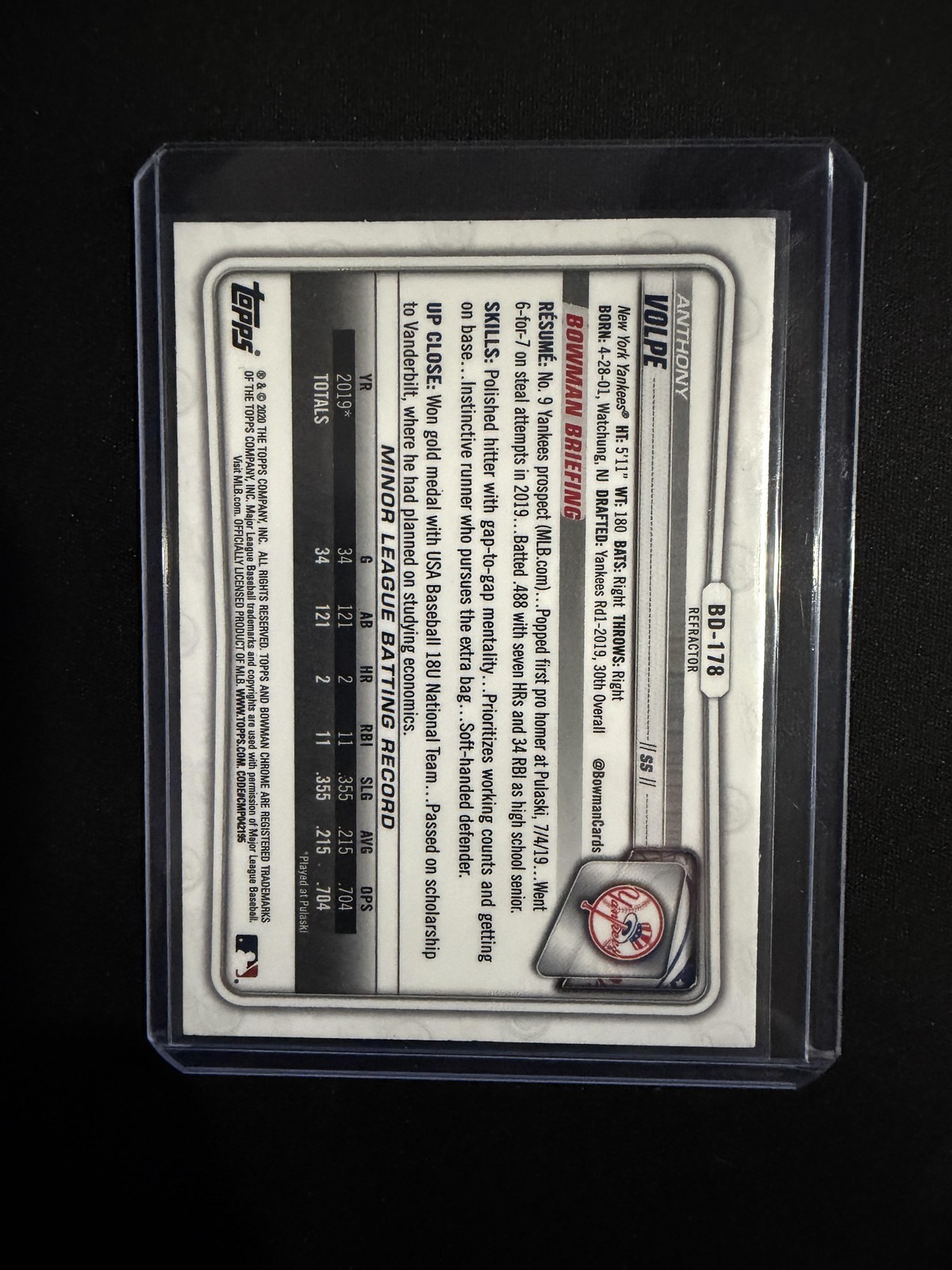 2020 Bowman Draft #BD-178 Anthony Volpe Chrome Refractor