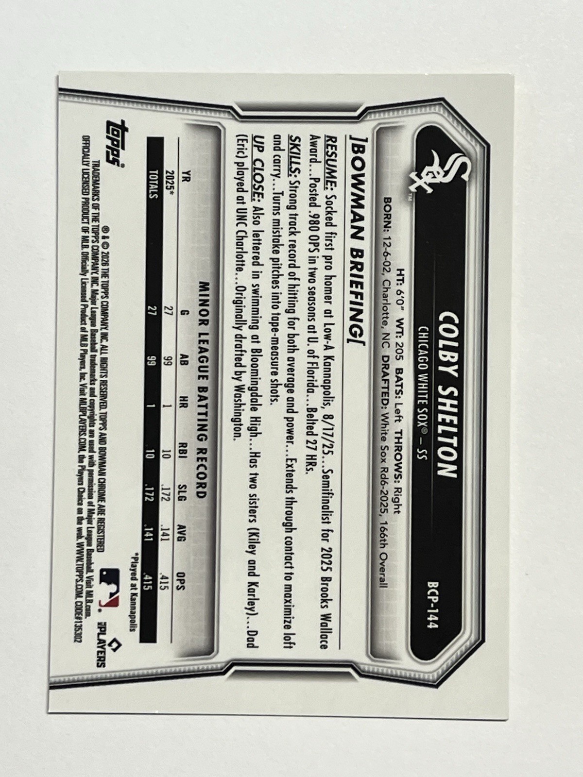 2026 Bowman Chrome Colby Shelton 1st Yellow Refractor #BCP-144 /75