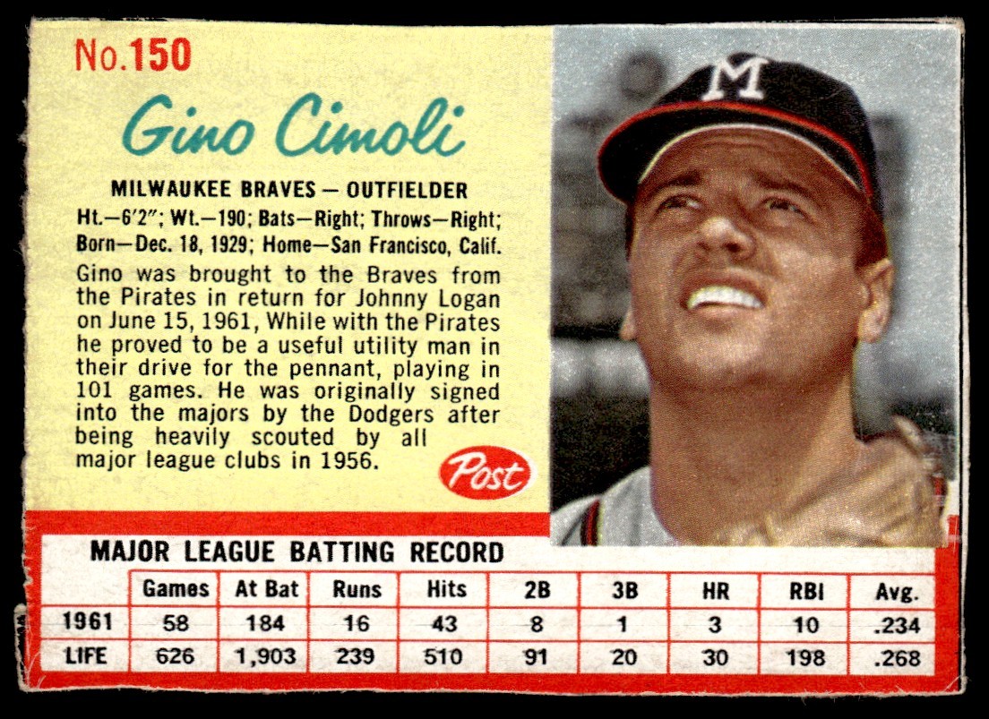 1962 Post Cereal Baseball Card Gino Cimoli Milwaukee Braves #150 VG