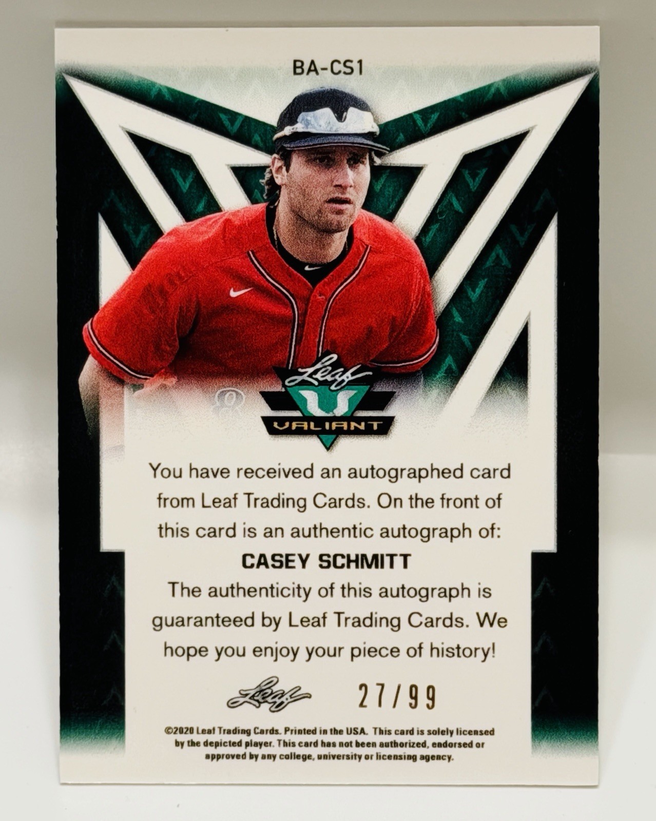 Casey Schmitt RC *27/99* Auto 2020 Leaf Valiant Green Refractor #BA-CS1 Giants