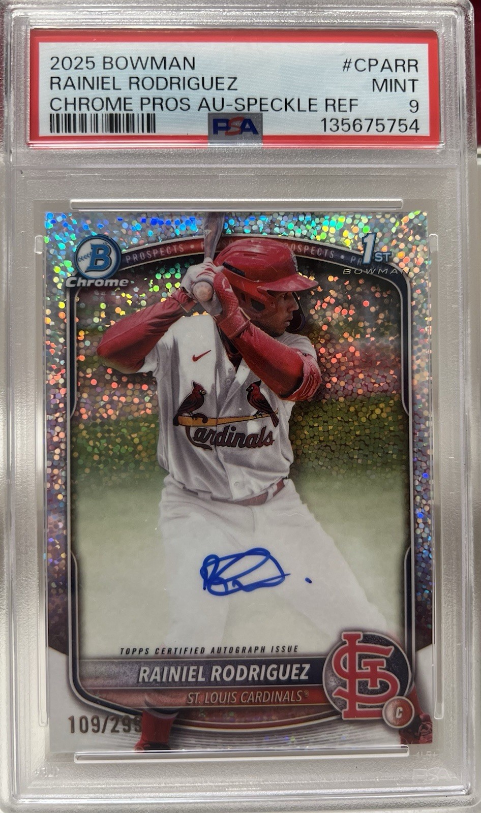 2025 Bowman Chrome Rainiel Rodriguez Cardinals Auto Speckle Refractor /299 PSA 9