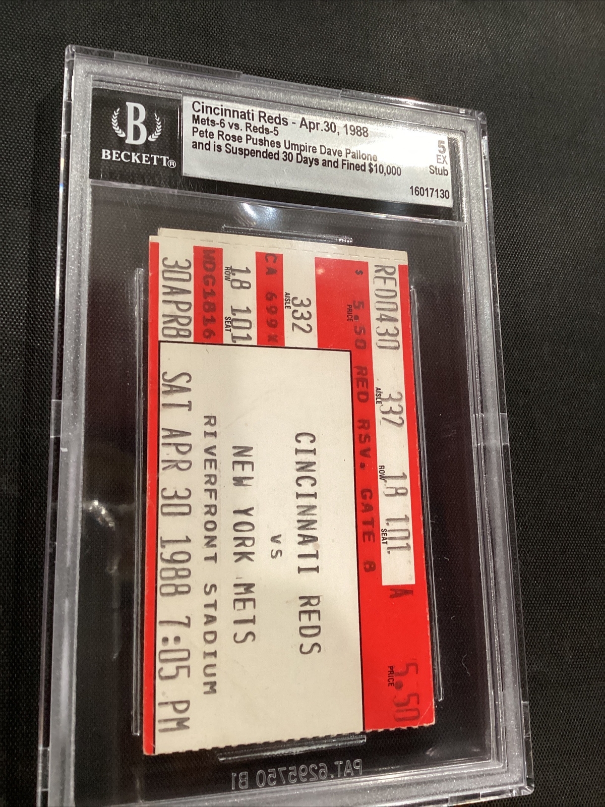 1988 Cincinnati Reds Pete Rose Pushes Umpire Suspended 30 Days Ticket 5 EX Stub