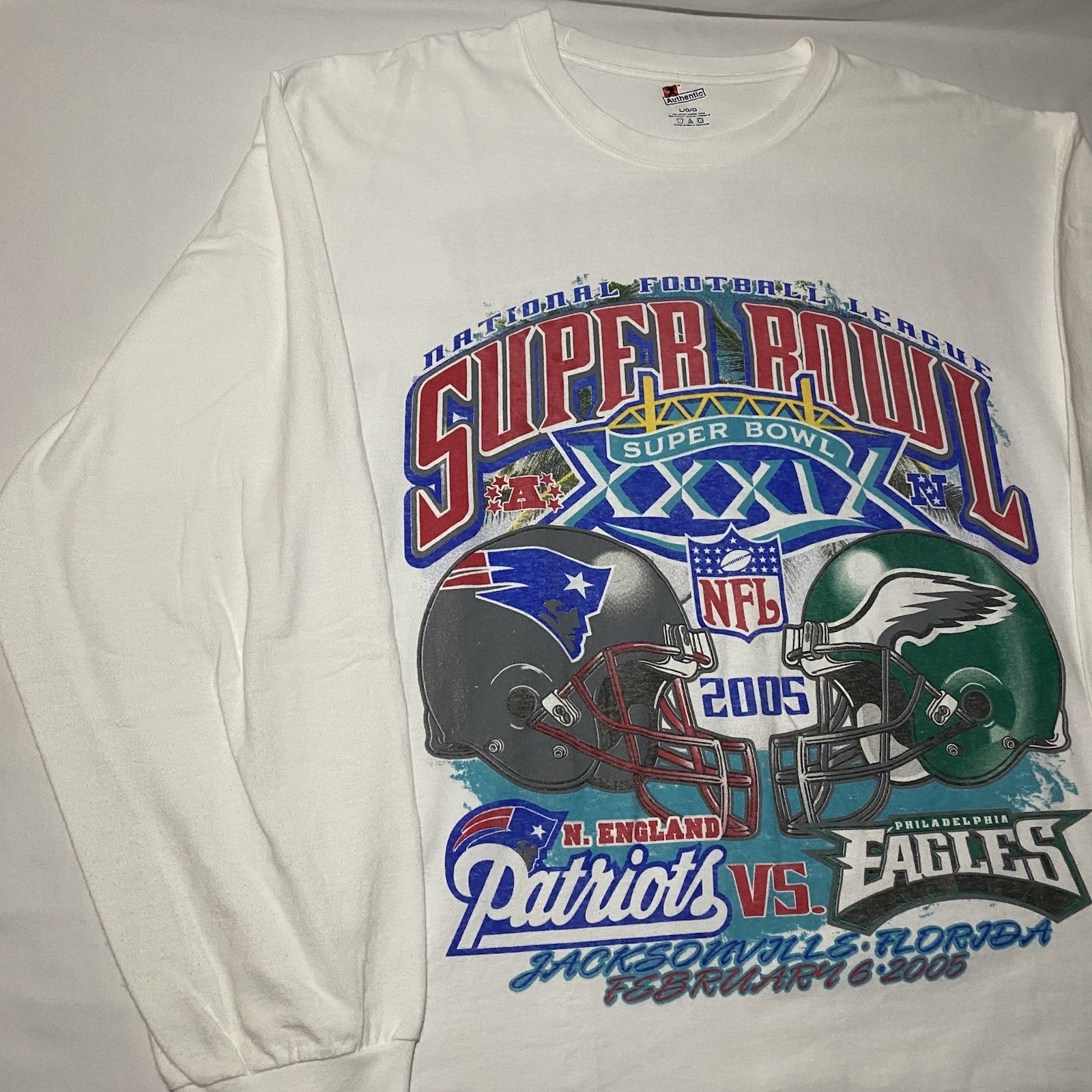 Vtg NFL Super Bowl XXXIX 39 T Shirt LG New England Patriots Philadelphia Eagles
