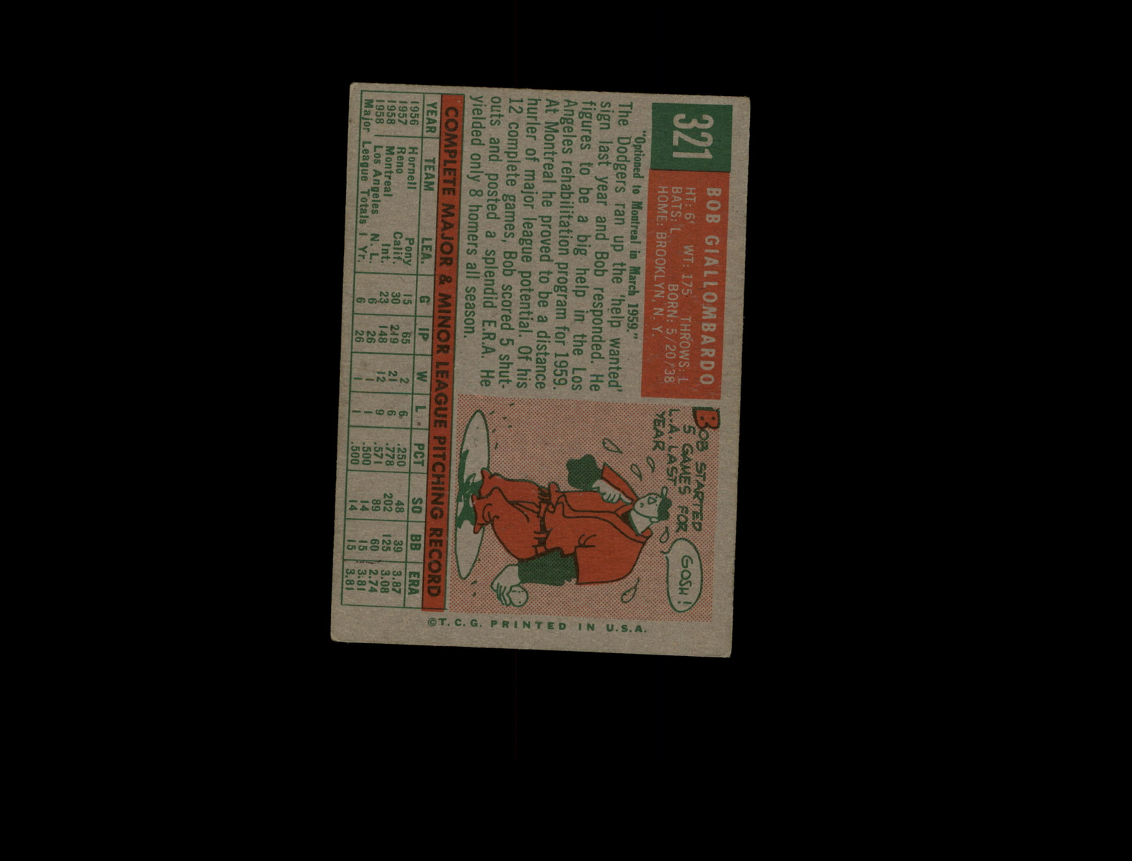 1959 Topps 321A Bob Giallombardo RC with Option Line VG-EX #D1,121423