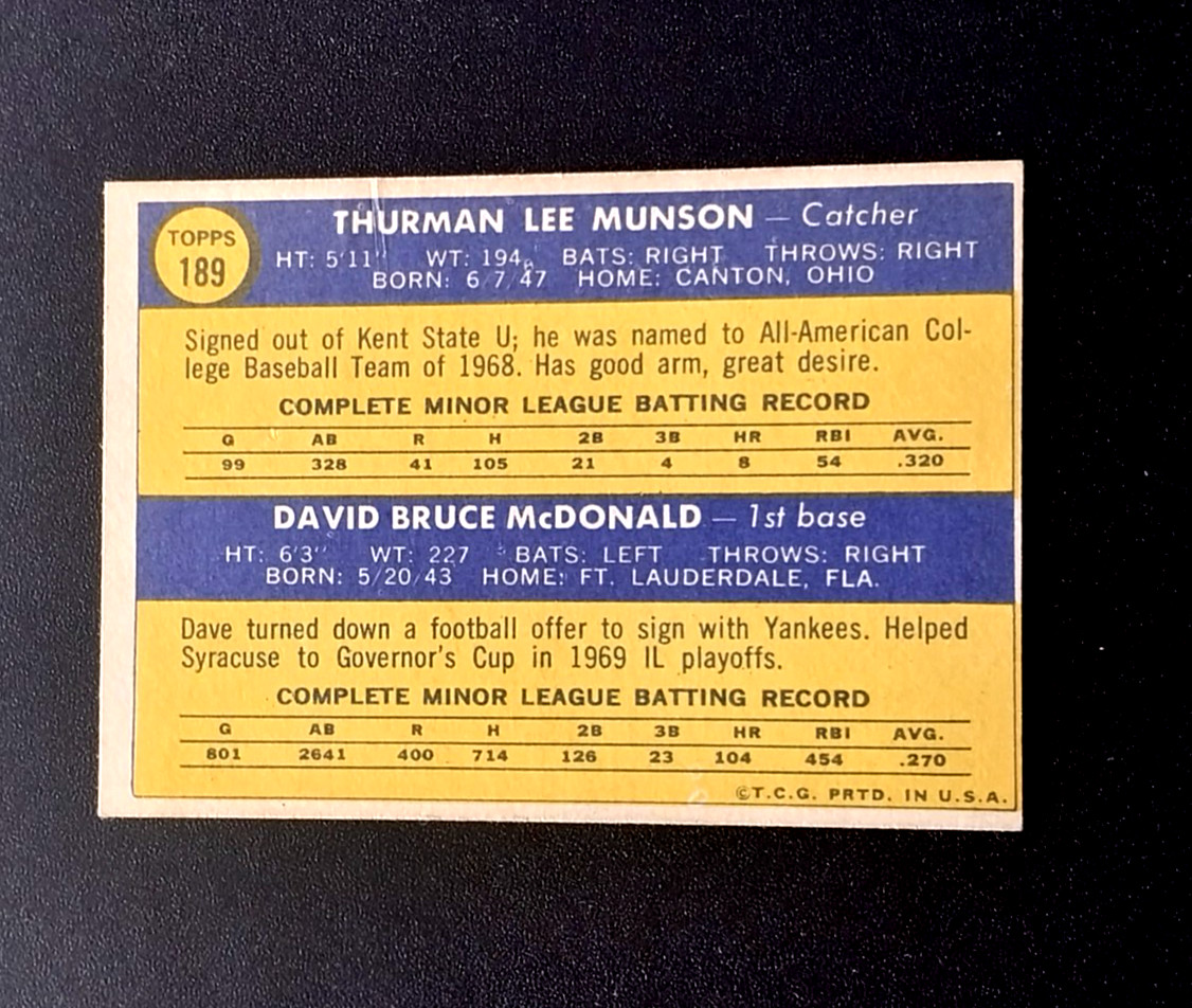 1970 Topps THURMAN MUNSON rookie Baseball card #189 CENTERED **EXMT CONDITION**