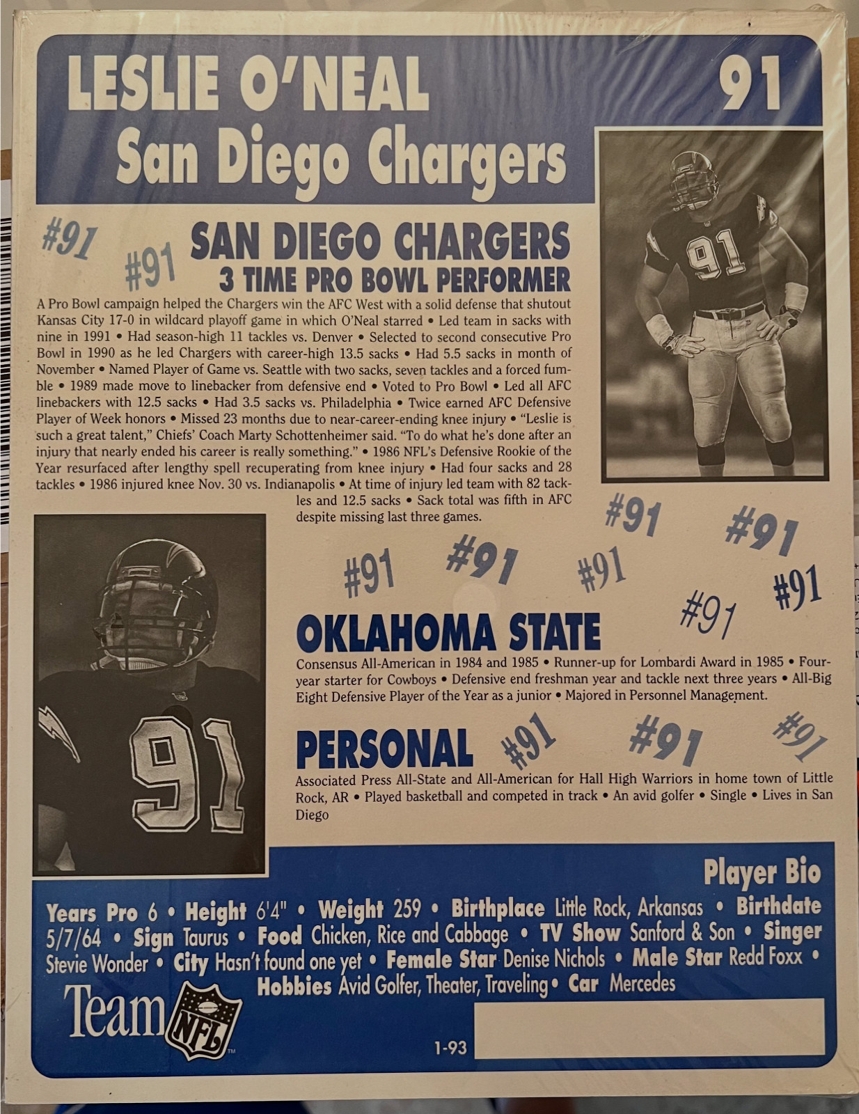 1992/93 Intimidator Bio Sheet NFL Football Card Complete Sealed Set