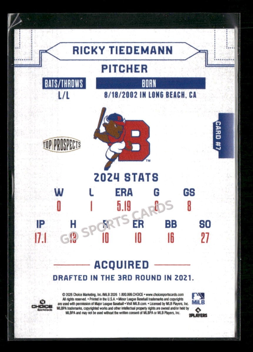 2026 AAA Top Prospects Buffalo Bisons Ricky Tiedemann RC Rookie Blue Jays