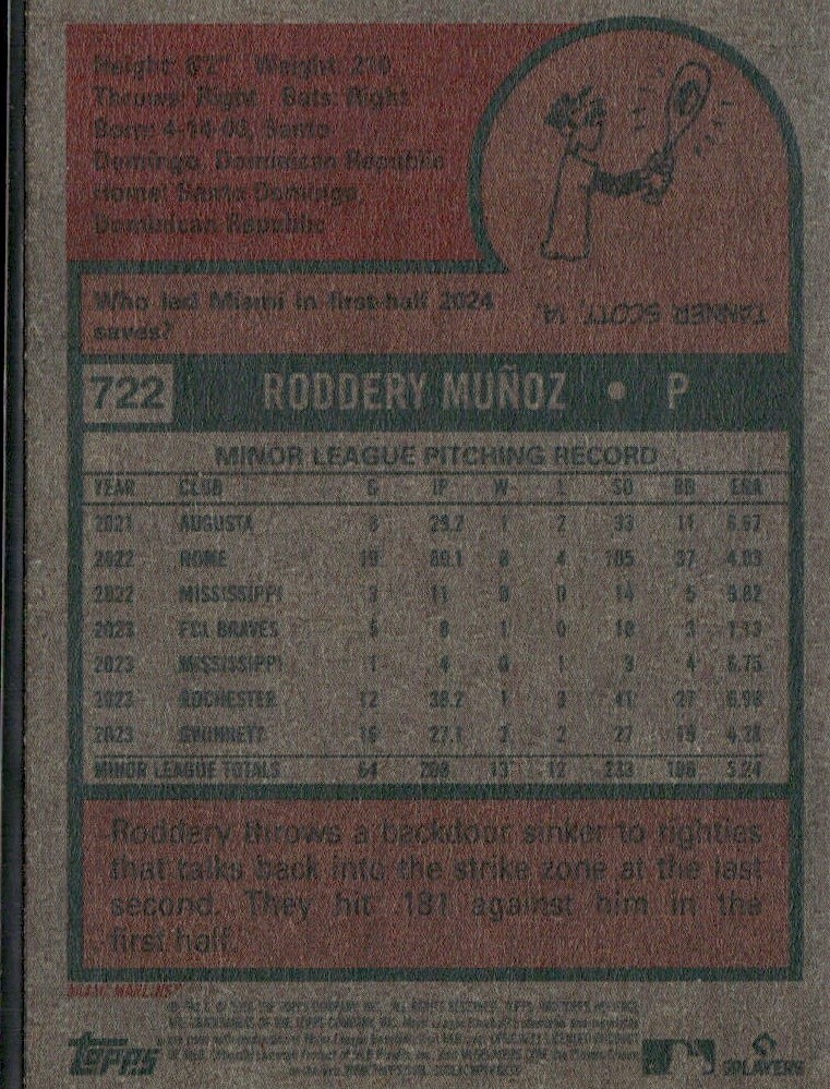 2024 Topps Heritage Roddery Muñoz 722 Miami Marlins RC