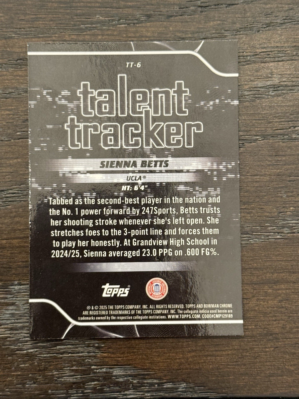 2025-26 Bowman Basketball – Sienna Betts – Talent Tracker Chrome – #TT-6 – UCLA