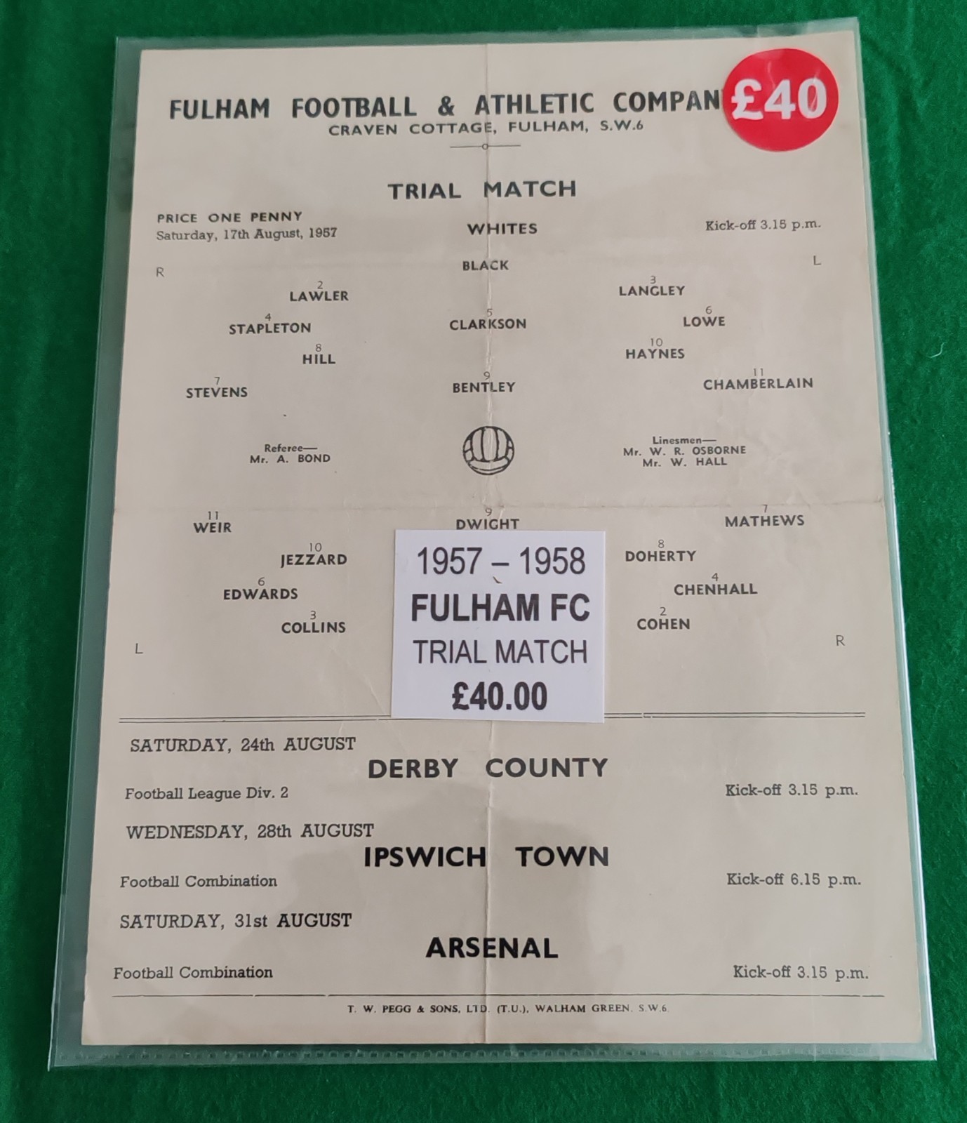 Fulham Trial Practice Football Programme Good For Age 1957/58 Single Sheet Rare