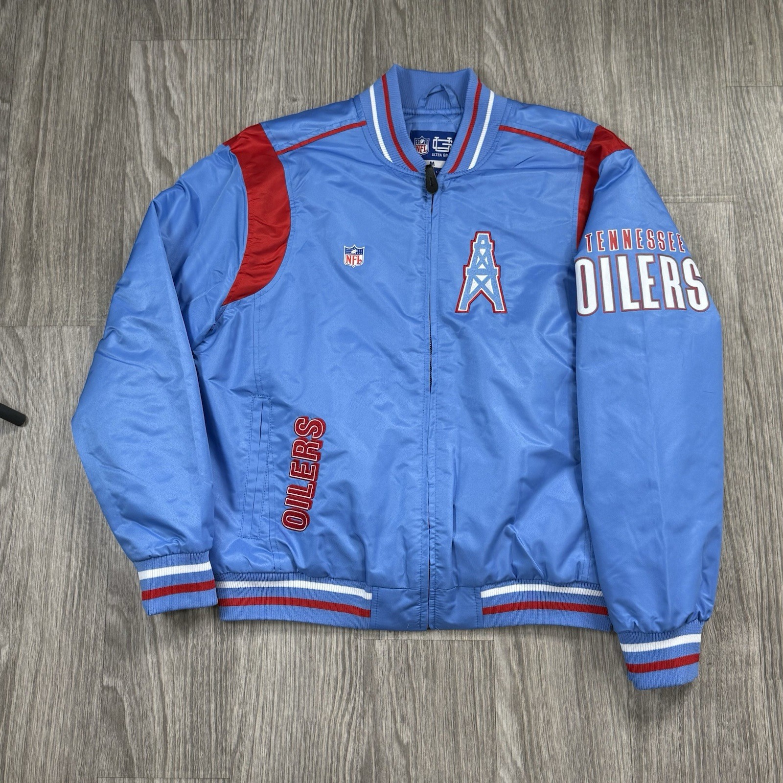 NFL Ultra Game Tennessee Titans Houston Oilers Satin Bomber Jacket Men Med