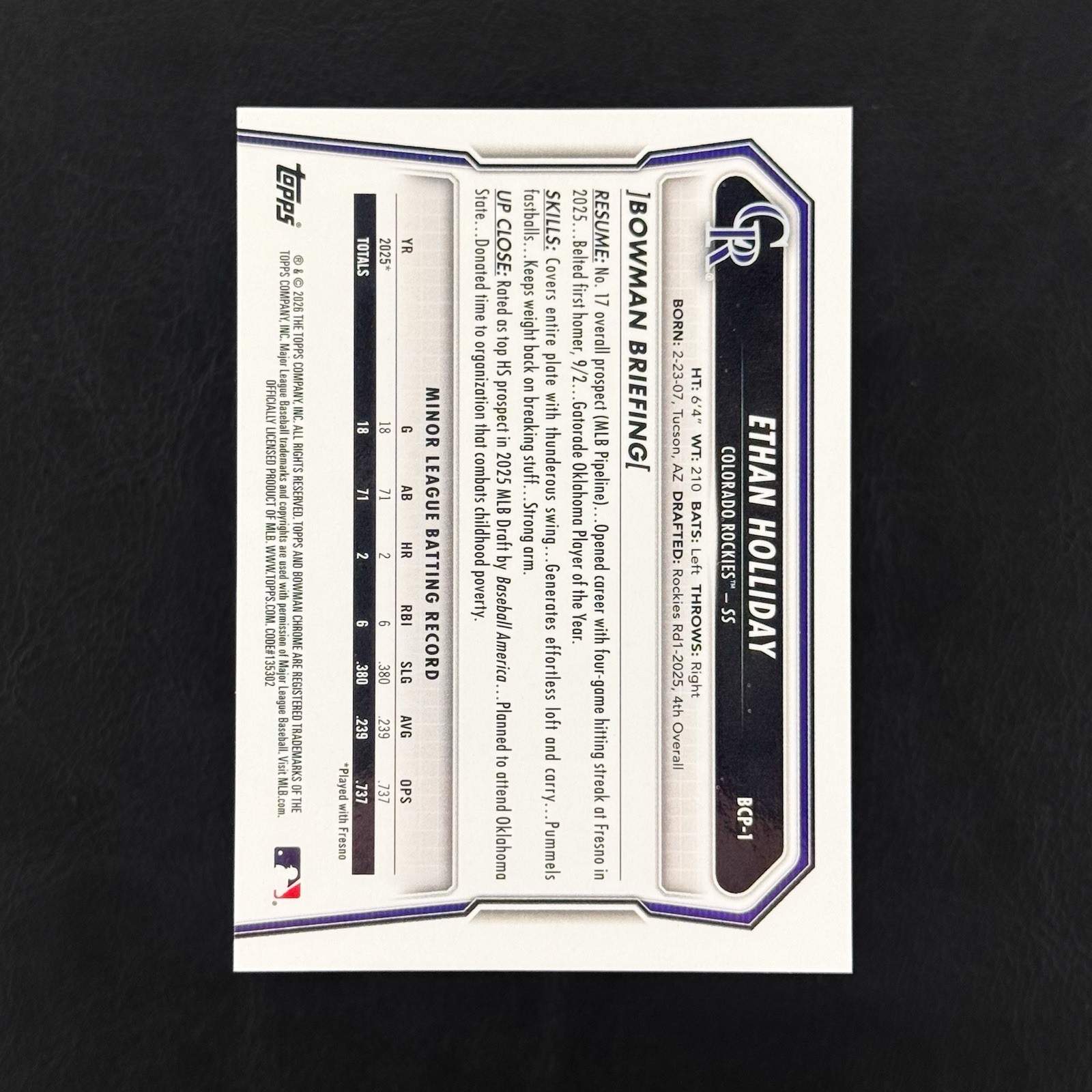 Topps 2026 Bowman Chrome Ethan Holliday Orange Shimmer 1st Bowman BCP-1 08/25