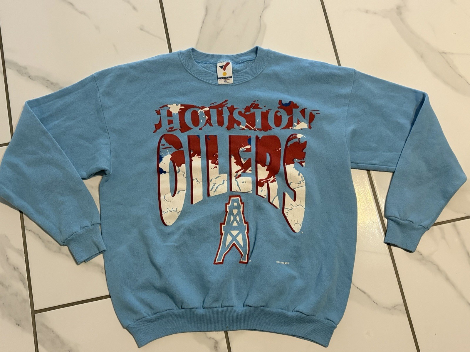 Vintage 1994 NFL Houston Oilers Big Logo Blue Crewneck Sweater Mens Large