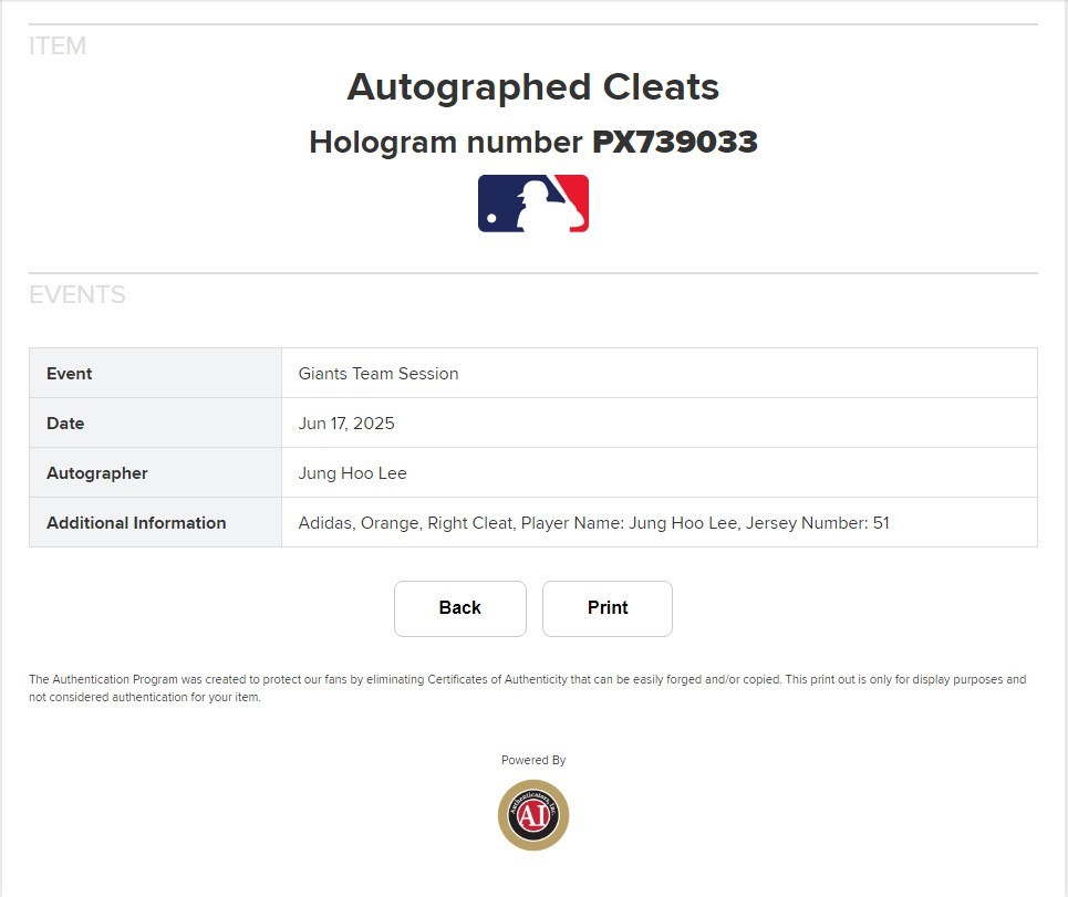 Jung Hoo Lee Signed San Francisco Giants 2025 Game Used Home Cleats MLB Holo