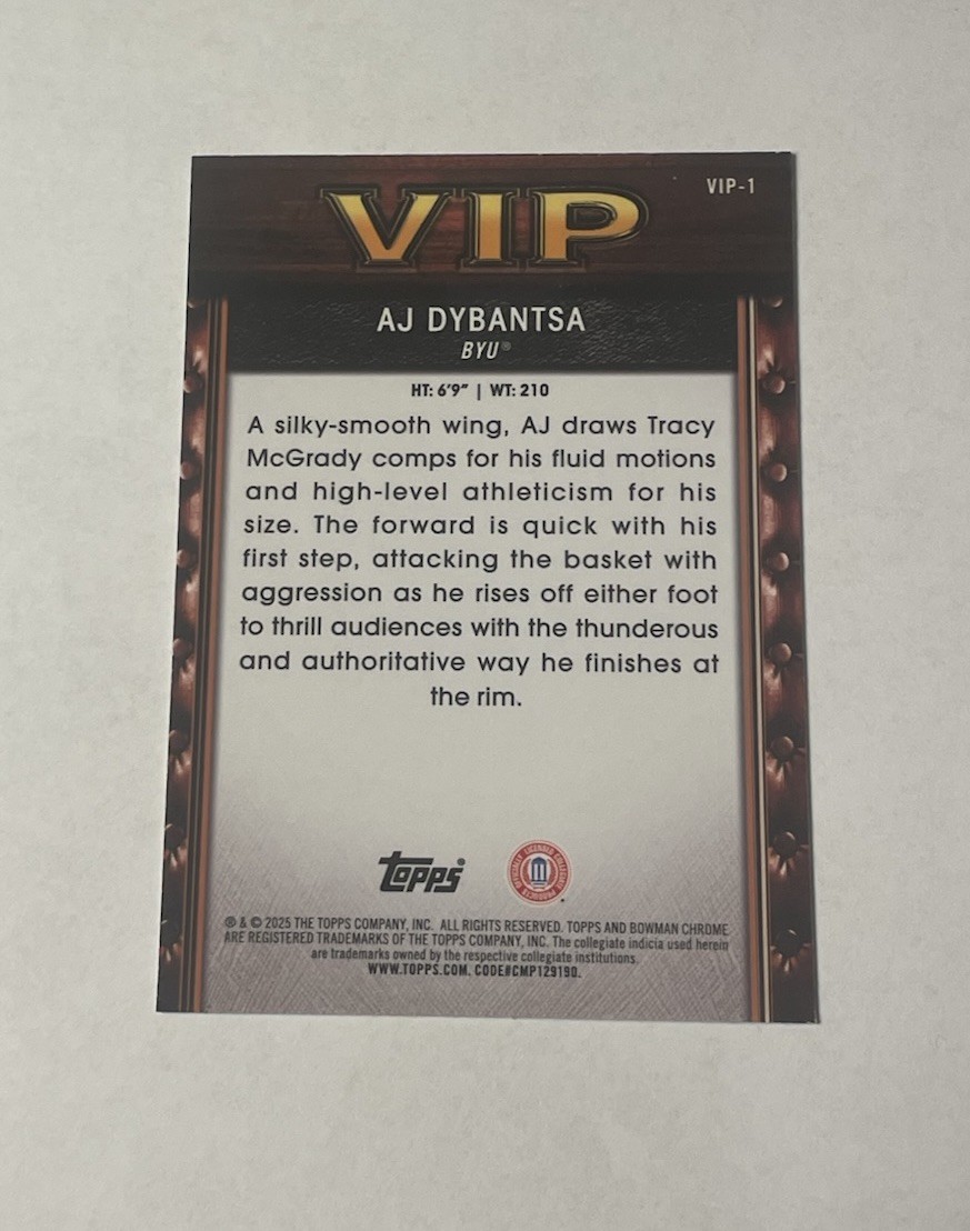 2025-26 Bowman Chrome VIP #VIP-1 AJ Dybantsa Purple Refractor /250 BYU Wizards