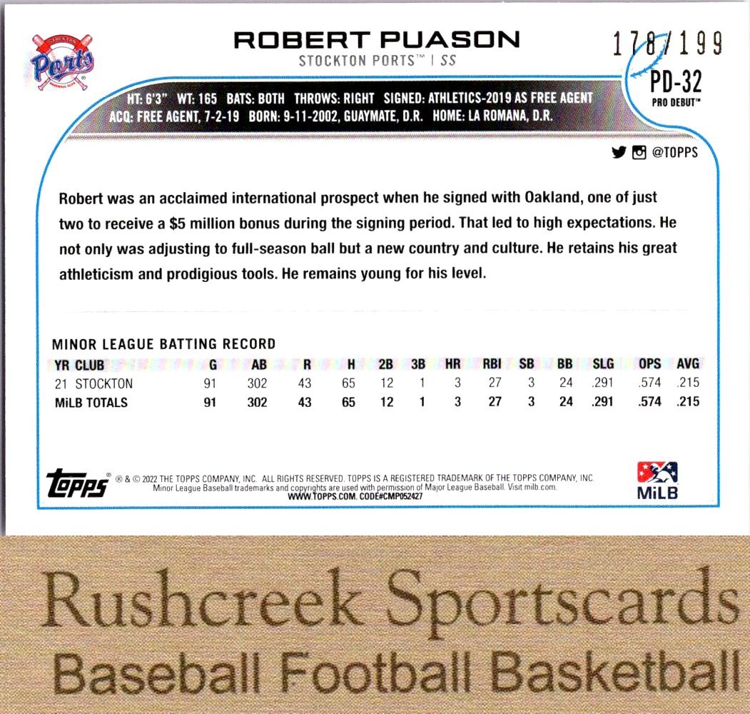 2022 Topps Pro Debut #PD-32 Robert Puason /199 Fuchsia