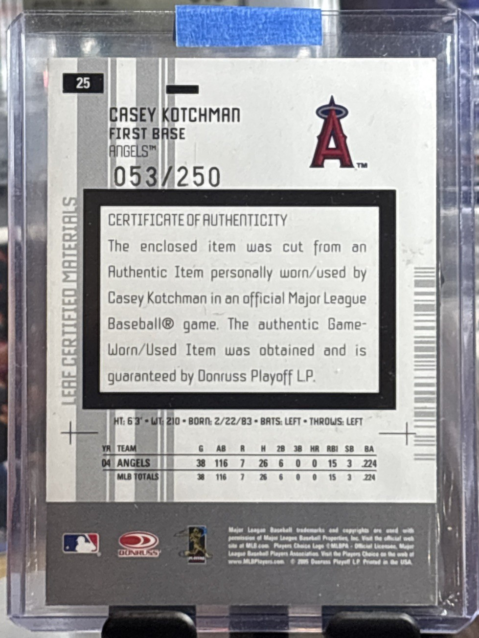 2005 Leaf Certified Materials Casey Kotchman Mirror Red Game Used Bat Relic /250